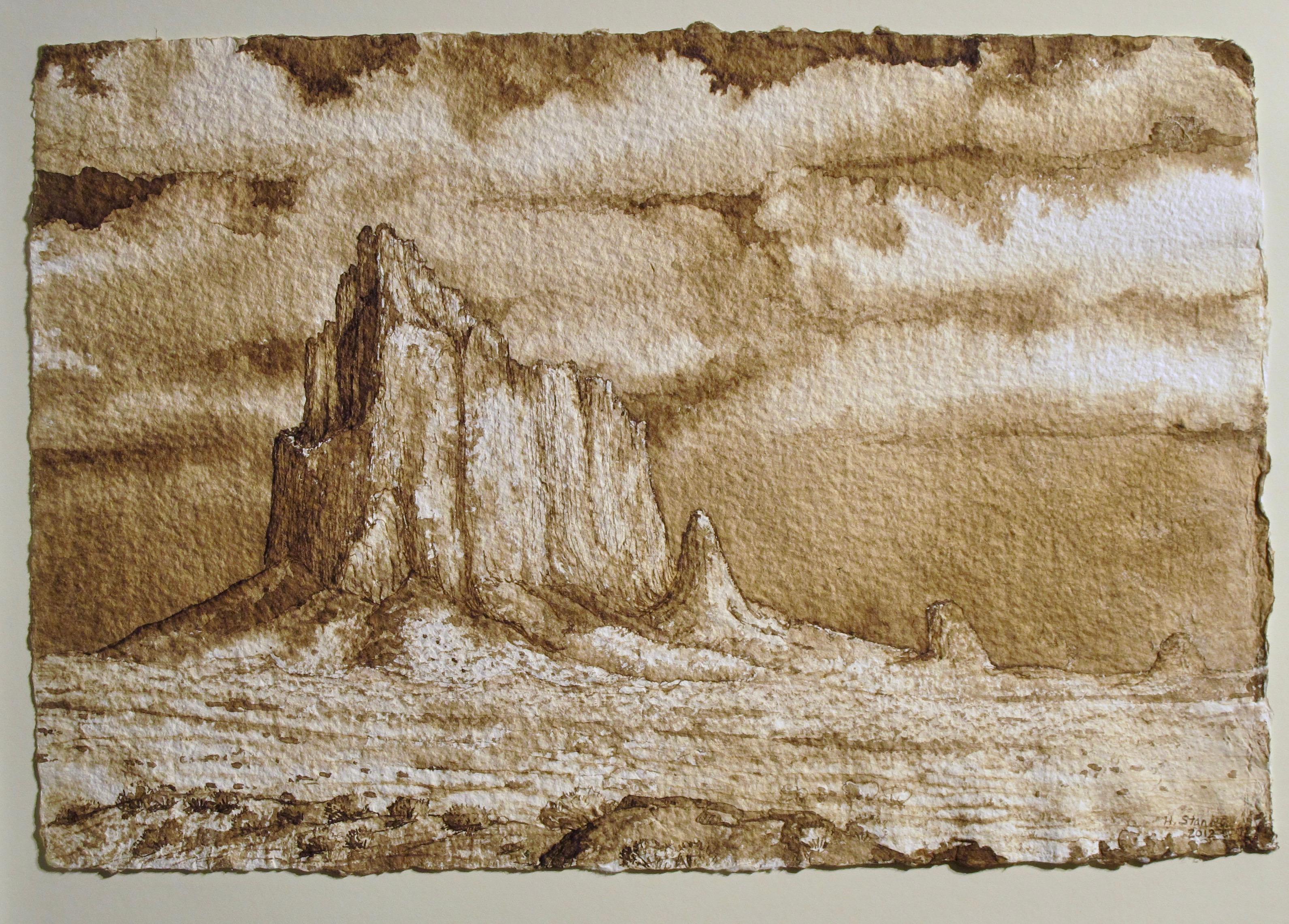 Ein weiteres Set von Monumenten, Tuschemalerei auf Papier, Wüstenlandschaft, braun – Art von Helen Stanley