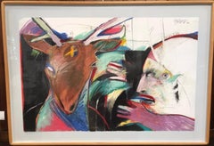 Little Deer, work on paper by Rick Bartow, red, white, pink, blue, black, green