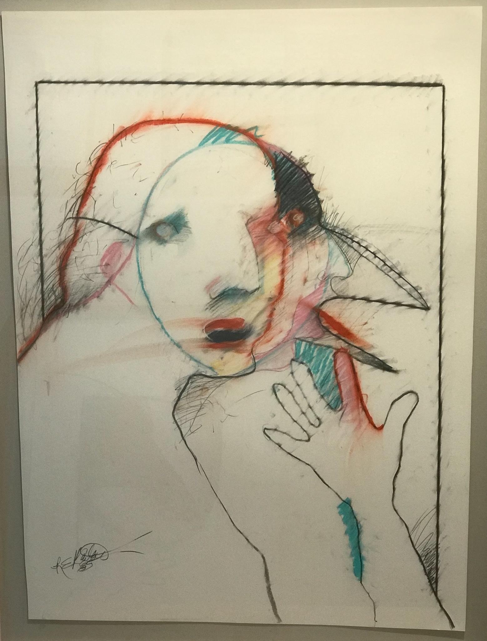 Vogelmann von Rick Bartow, Pastell auf Papier, abstrakt, weiß, rot, rosa, blau, schwarz