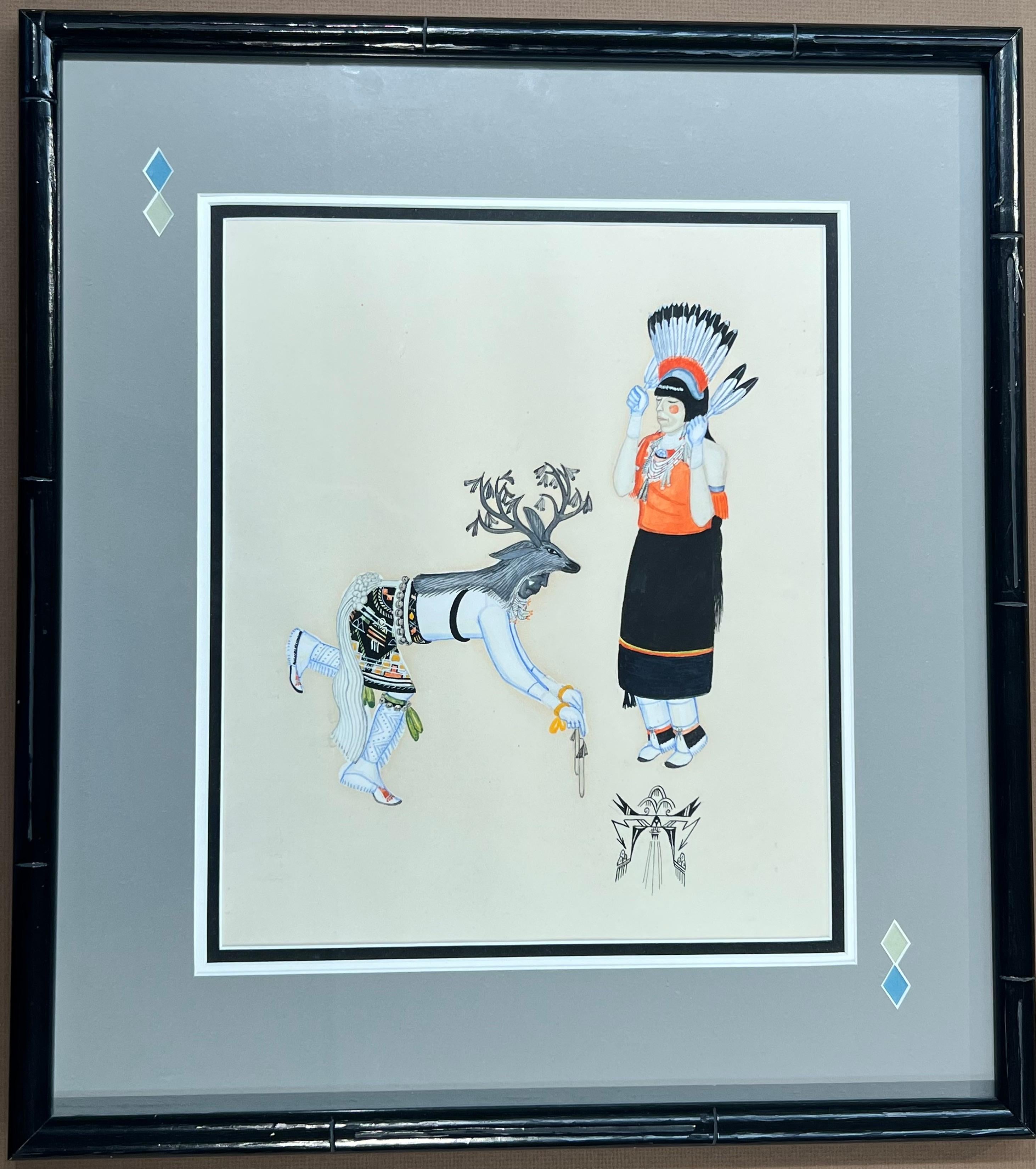 Tonita Peña Figurative Art - Deer Dance, painting by Tonita Pena, Santa Fe, Cochiti, Pueblo, male, female