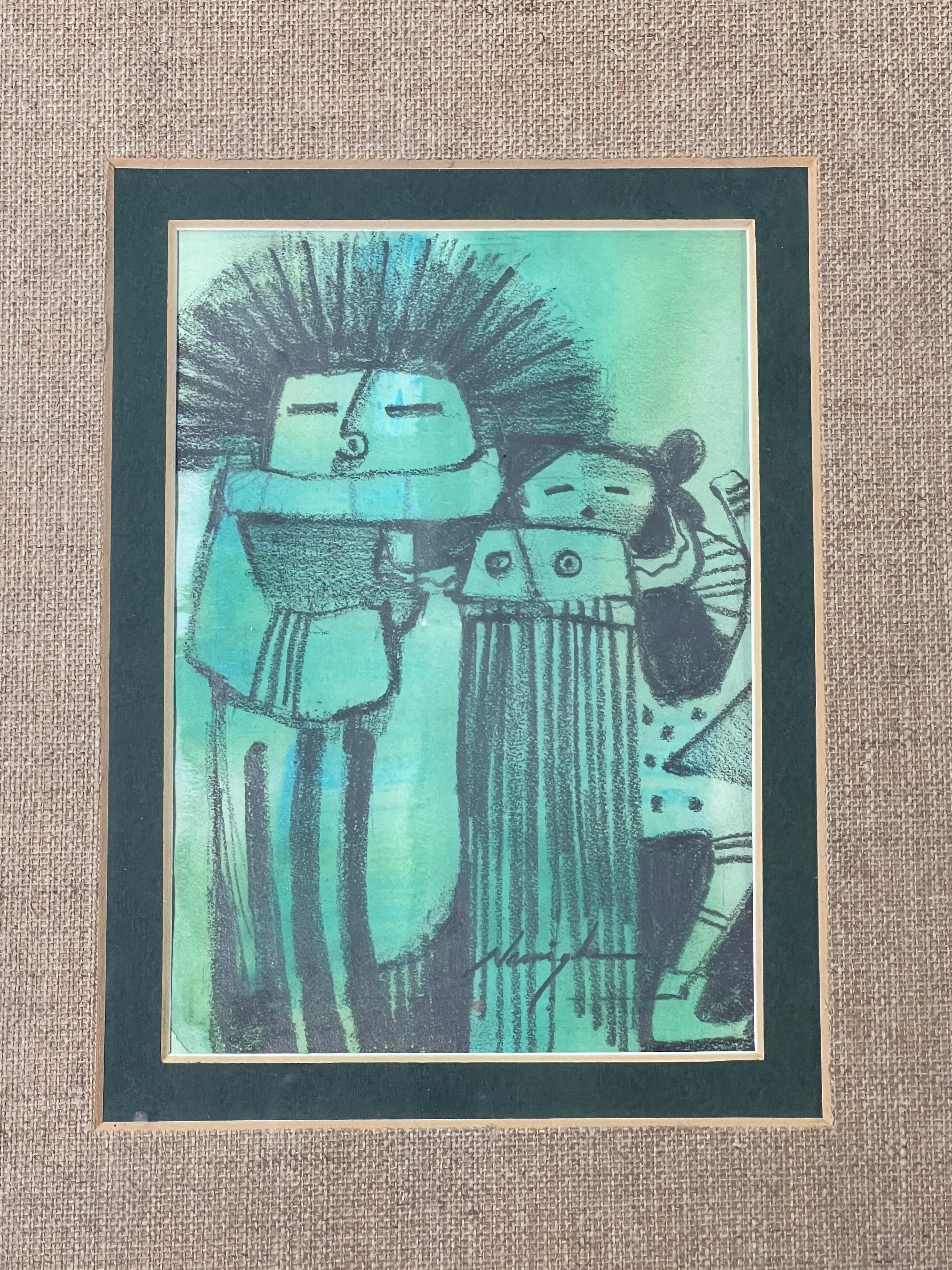 Kachina Figures, by Dan Namingha, green, black, framed, Hopi, drawing, katsina For Sale 1