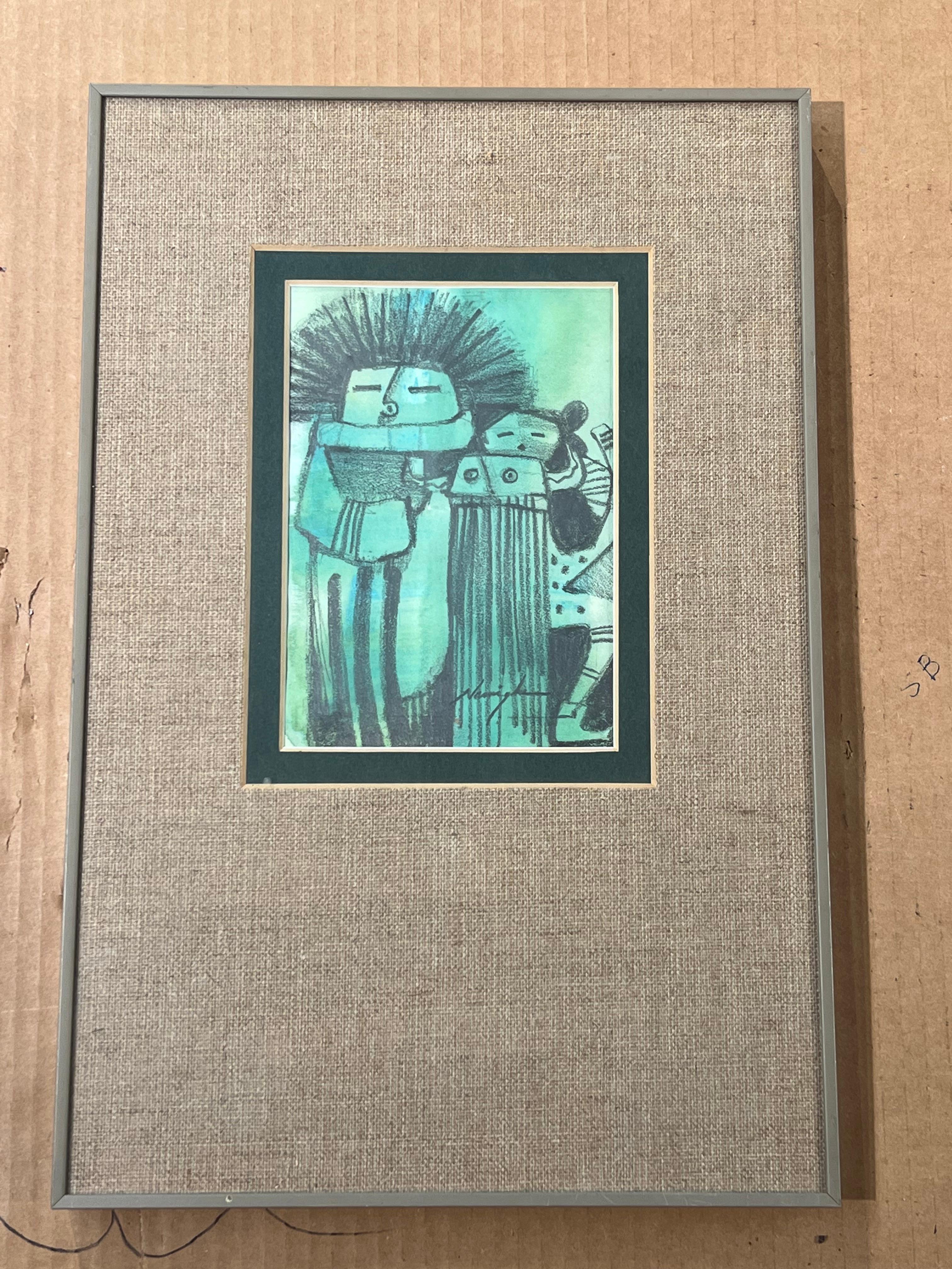 Kachina Figures, by Dan Namingha, green, black, framed, Hopi, drawing, katsina For Sale 2