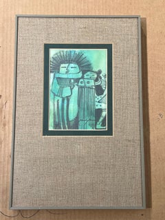 Kachina Figures, by Dan Namingha, green, black, framed, Hopi, drawing, katsina