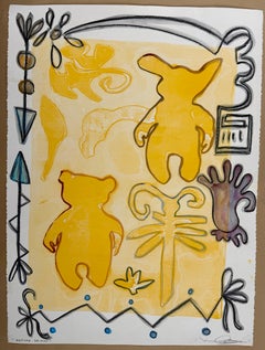 „Before Dawn“, Arbeit auf Papier, von Melanie Yazzie, Navajo, gelb, Bär, Libelle