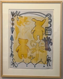 „Before Dawn“, Arbeit auf Papier, von Melanie Yazzie, Navajo, gelb, Bär, Libelle