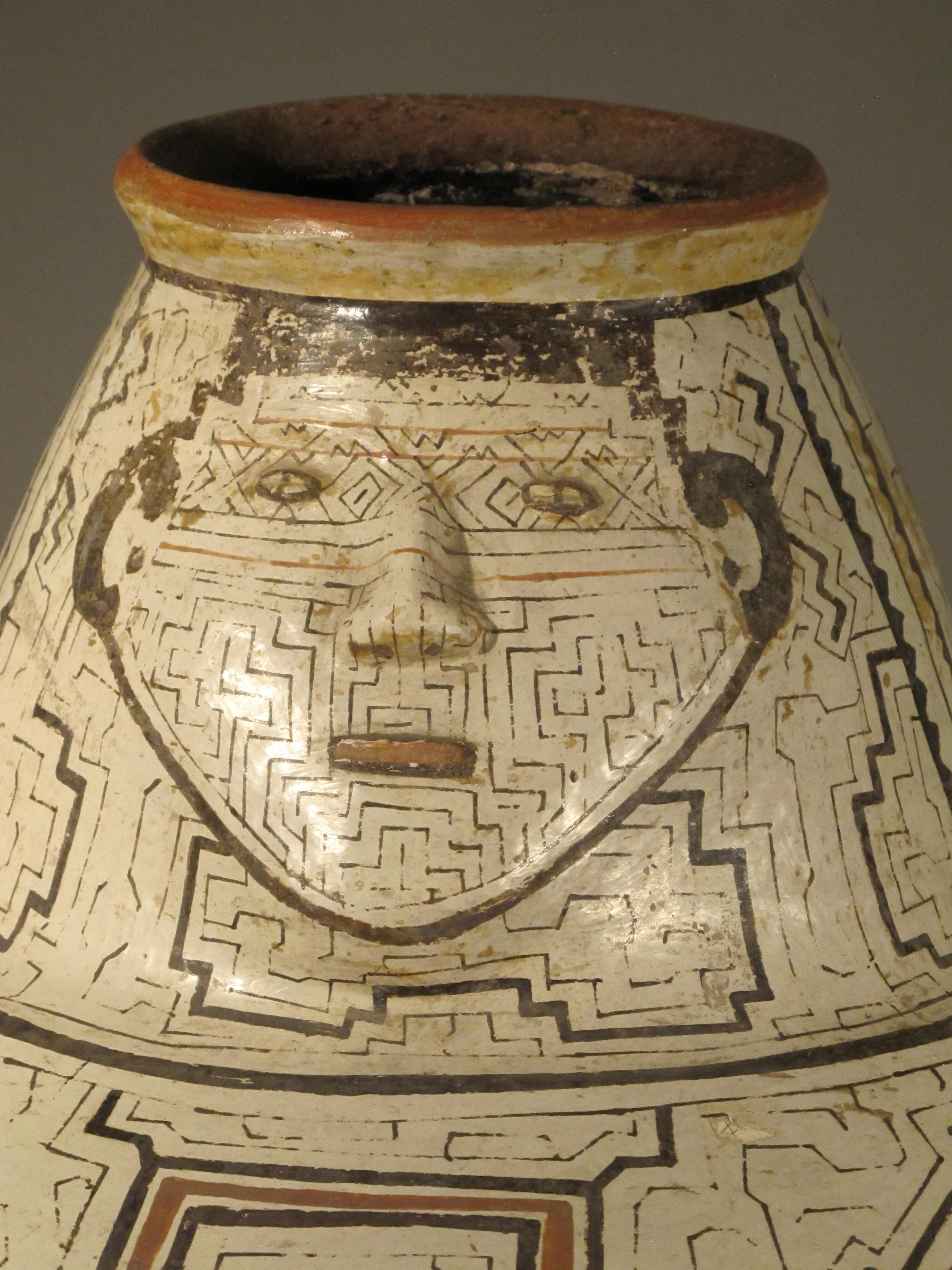 Shipibo Tribal Pot, Single face, geometric, Peru, Amazon, red, black, cream, tan - Sculpture by Unknown