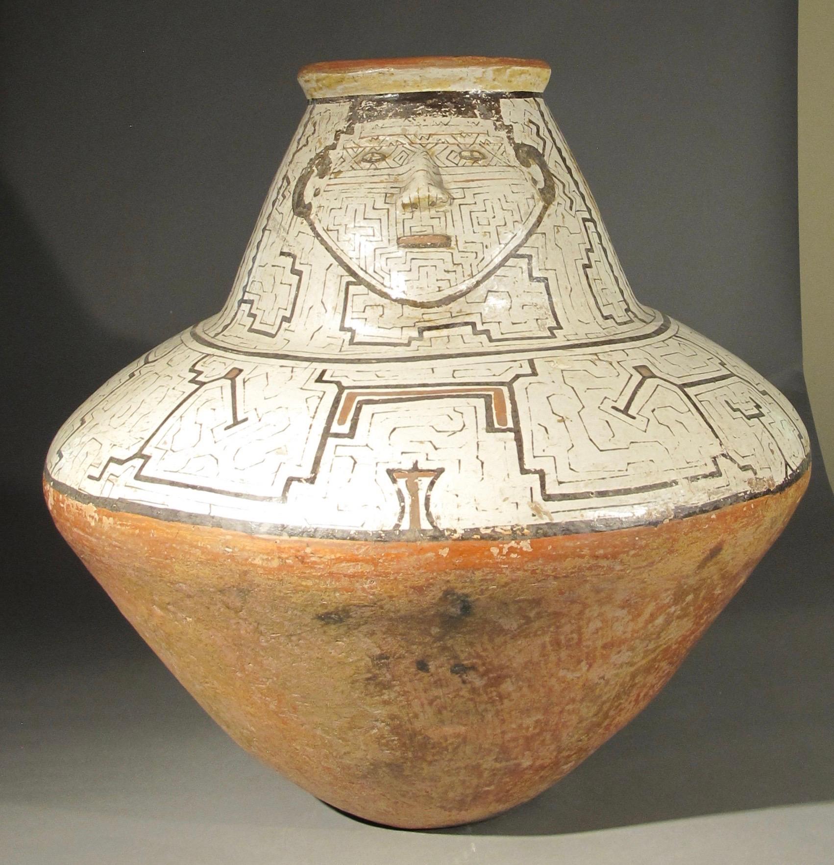 Shipibo Tribal Pot, Single face, geometric, Peru, Amazon, red, black, cream, tan - Black Figurative Sculpture by Unknown