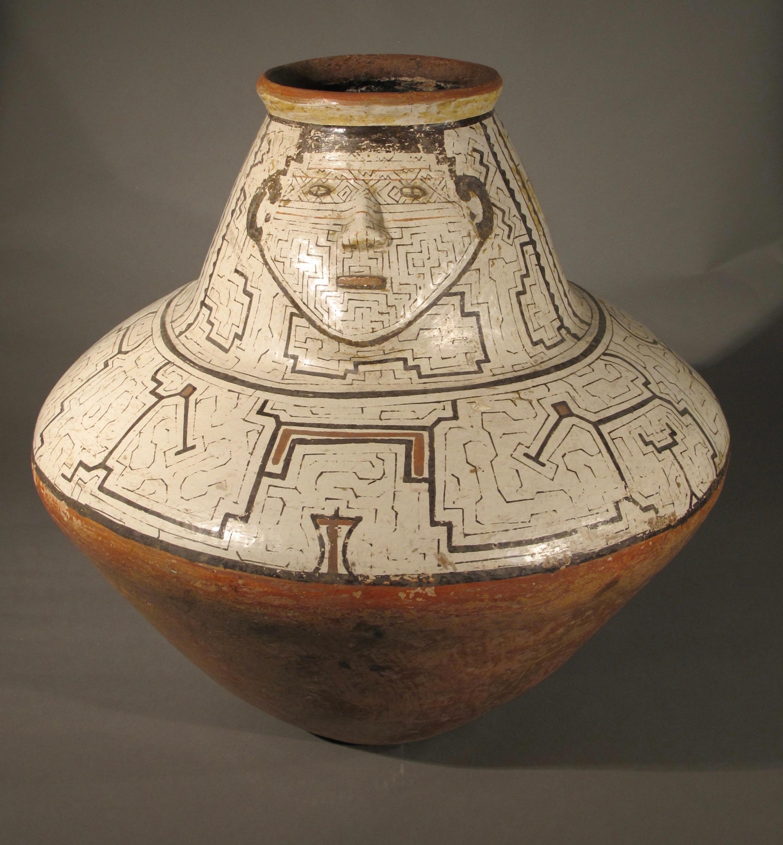 Shipibo Tribal Pot, Single face, geometric, Peru, Amazon, red, black, cream, tan 3