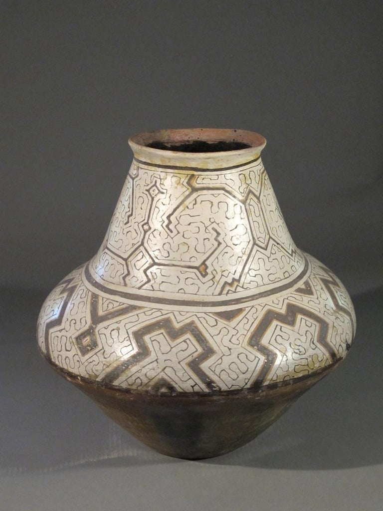 Unknown Shipibo geometric pot mid century Peru Amazon pottery cream brown ceramic at 1stDibs