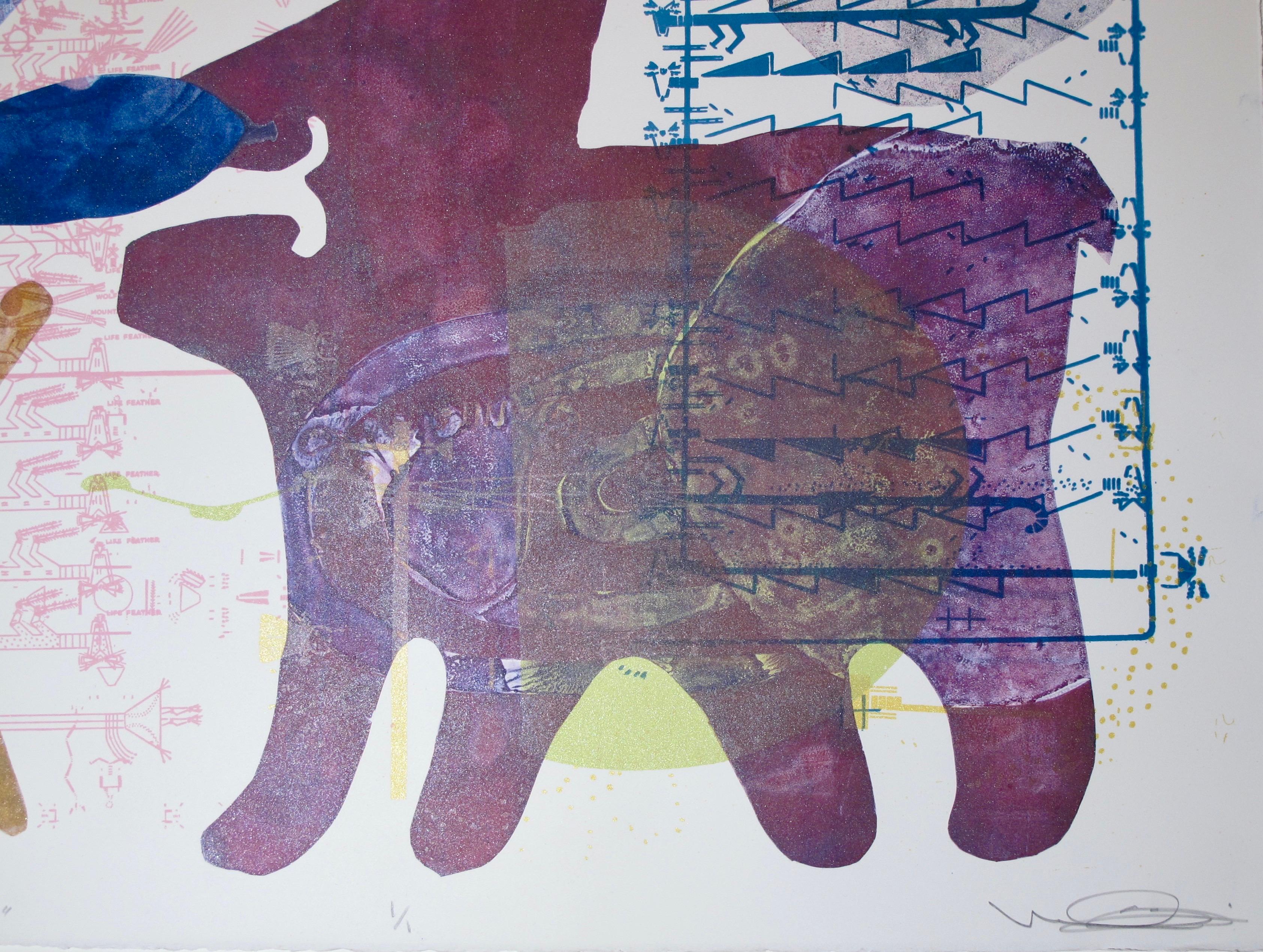 Special Little One-1966, Melanie Yazzie Navajo monotype painting paper bear blue

As a printmaker, painter, and sculptor, my work draws upon my rich Diné (Navajo) heritage. The work I make attempts to follows the Diné dictum “walk in beauty”