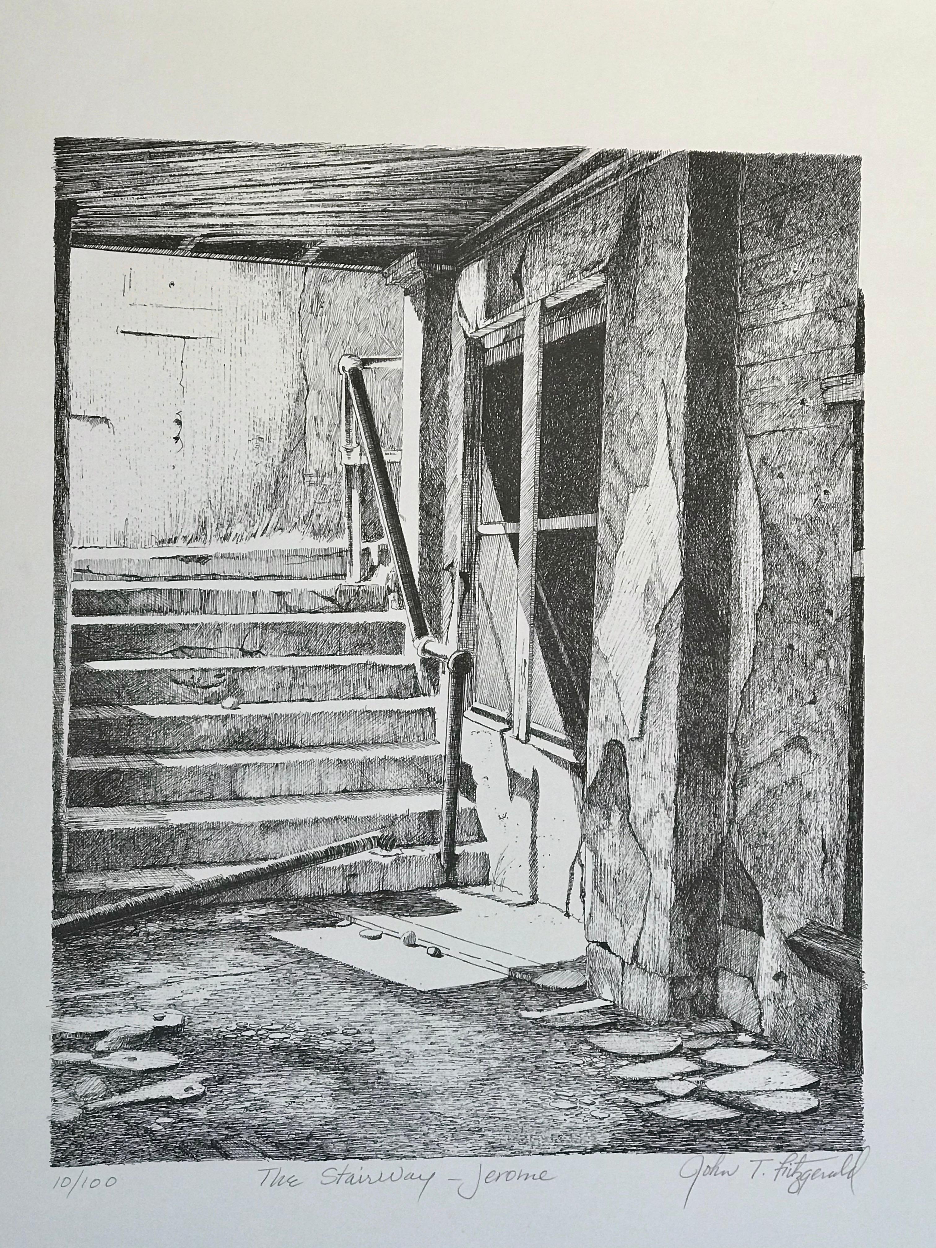 The Stairway Jerome by John T Fitzgerald, black, white print, Arizona ghost town