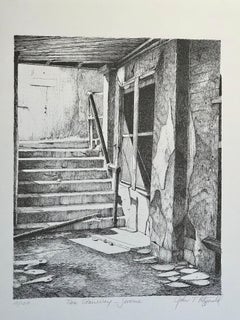 The Stairway Jerome by John T Fitzgerald, black, white print, Arizona ghost town