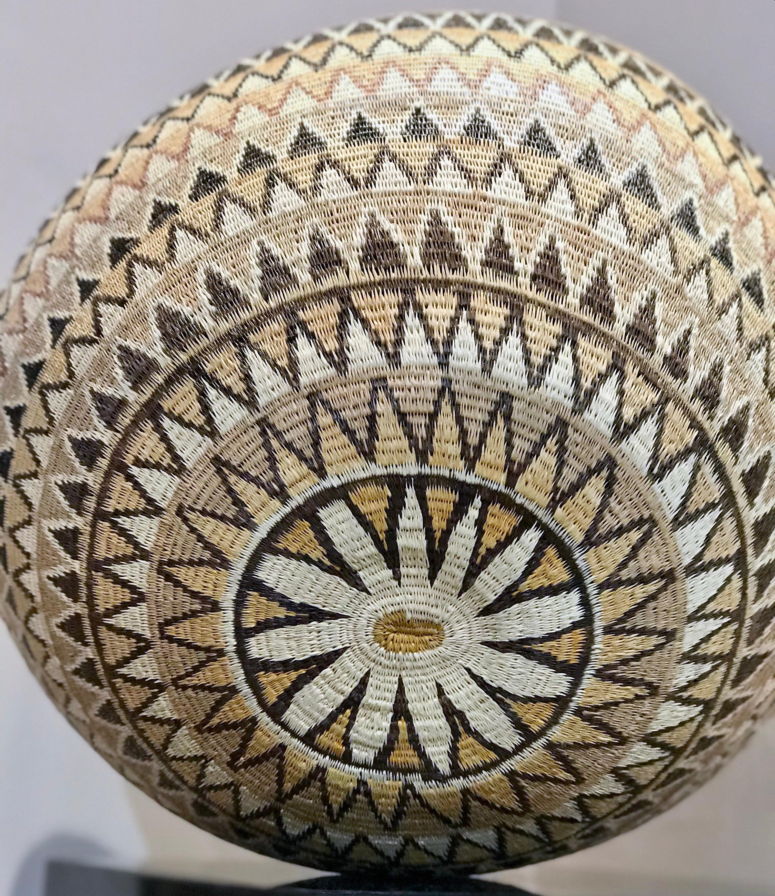 Basket by Elsa Quiros, Geometric gold black white tan designs Panama Rainforest 1