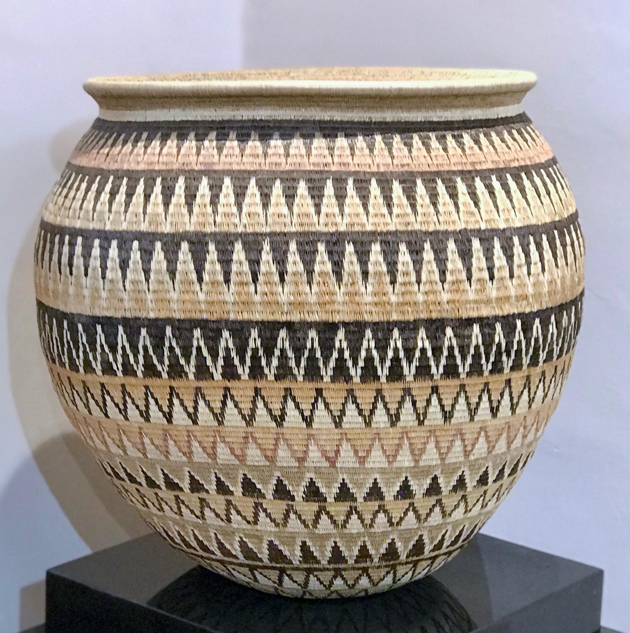 Basket by Elsa Quiros, Geometric gold black white tan designs Panama Rainforest 2