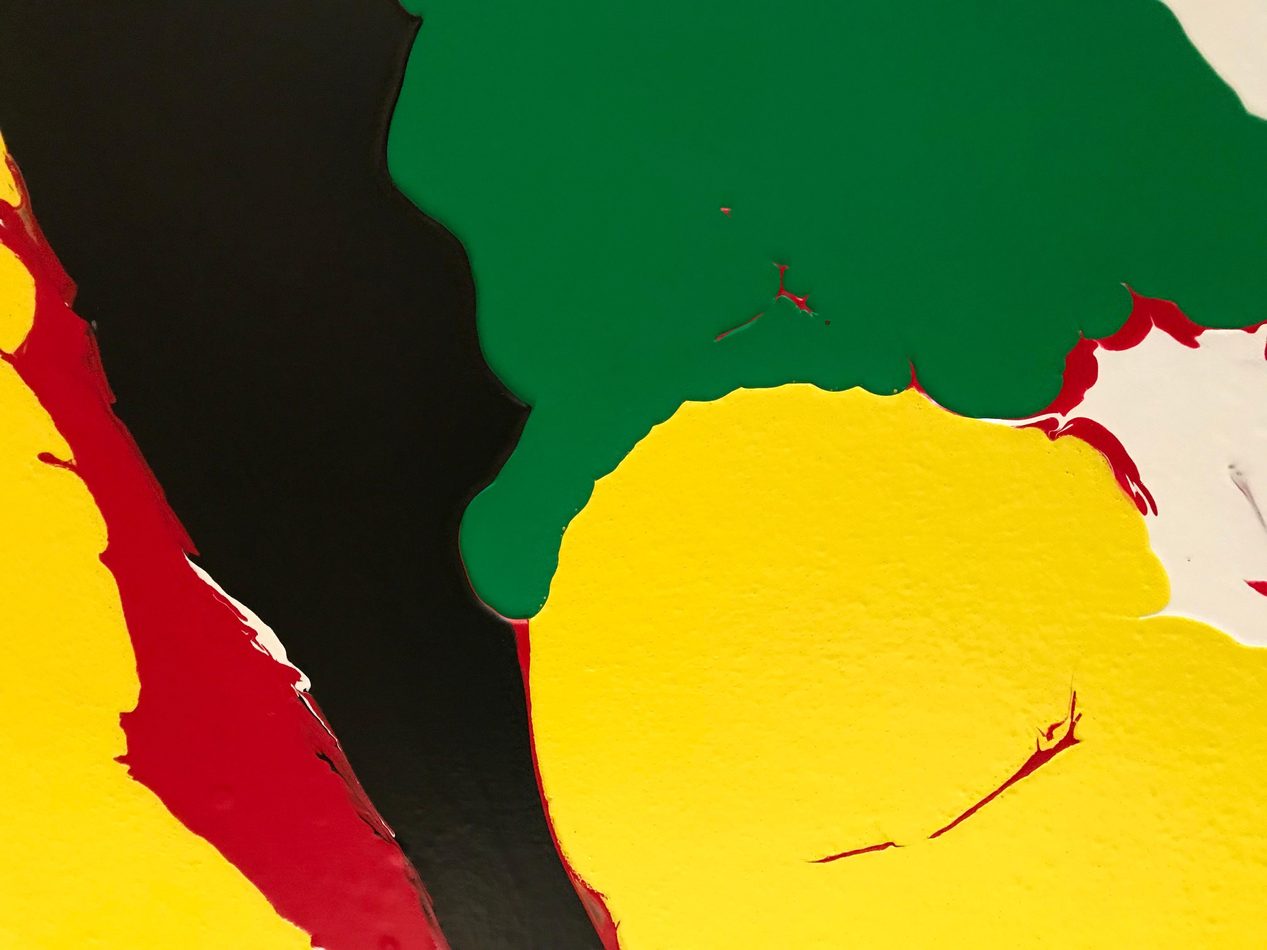Refraction by Glenn Green, abstract painting, yellow, green, red, black, blue  1