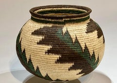 Wounaan Tribe Panama Rainforest Basket, green, white, black, feather design