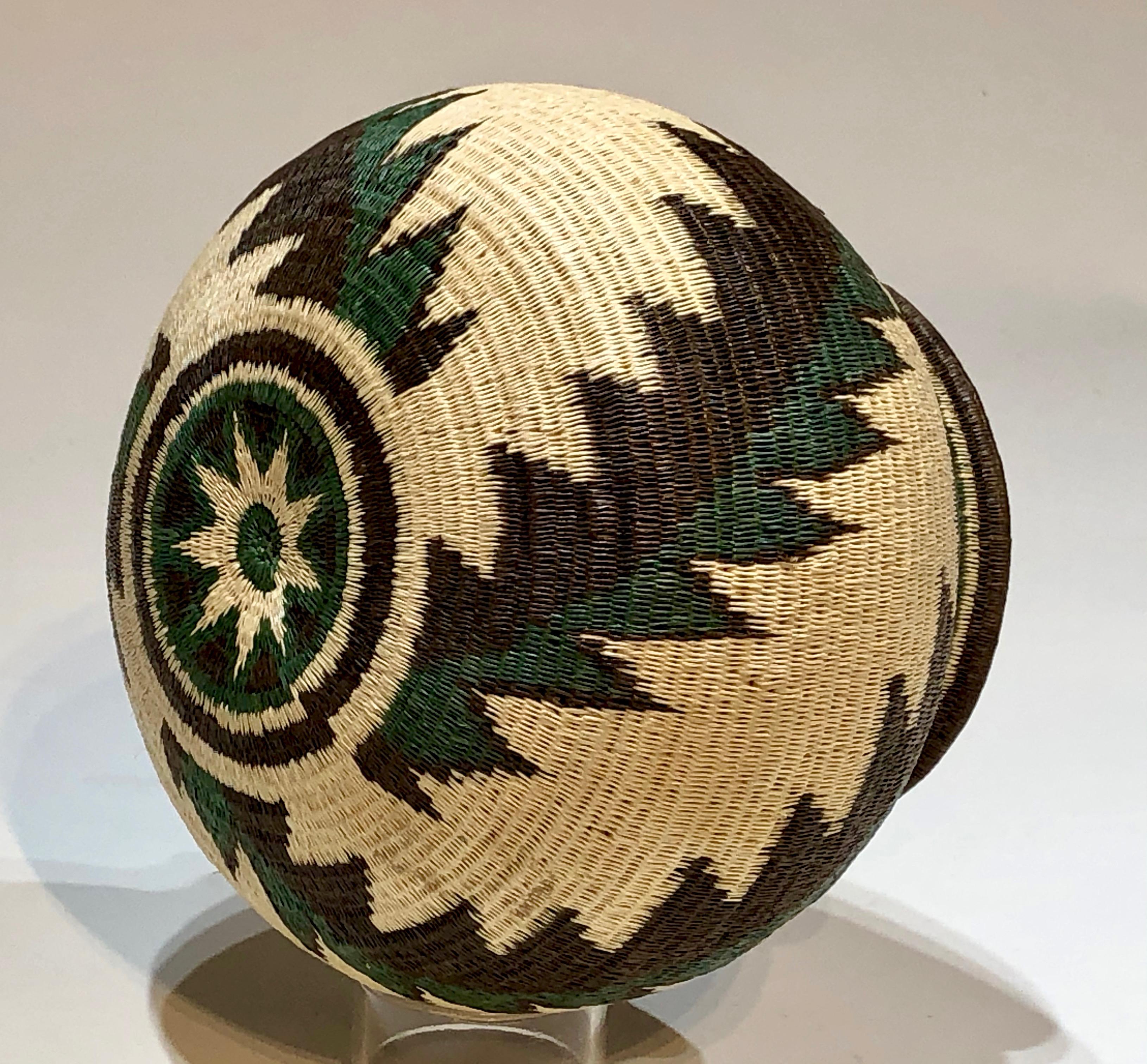 Wounaan Tribe Panama Rainforest Basket, green, white, black, feather design - Contemporary Mixed Media Art by Unknown