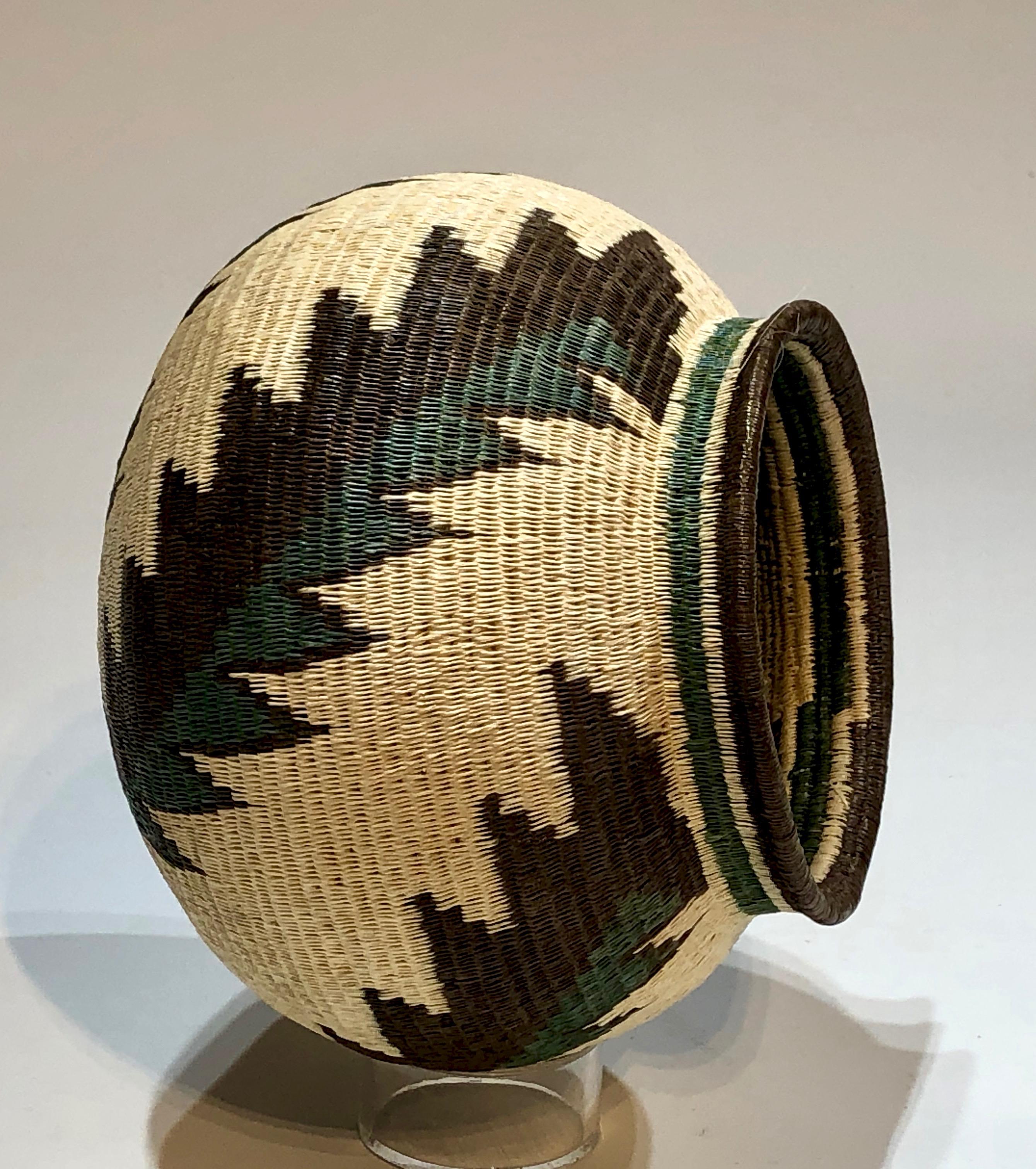Wounaan Tribe Panama Rainforest Basket, green, white, black, feather design 1