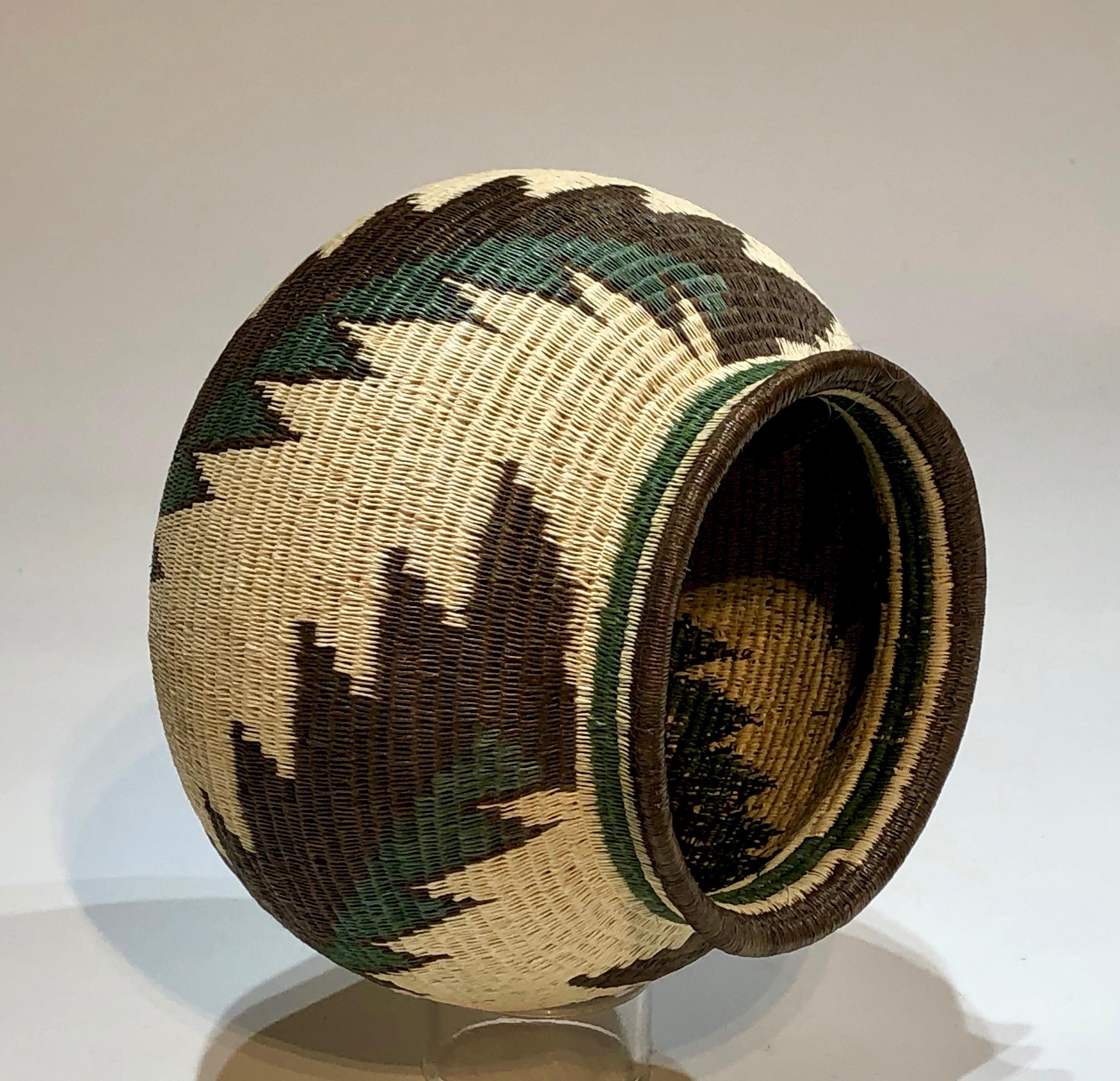 Wounaan Tribe Panama Rainforest Basket, green, white, black, feather design 2