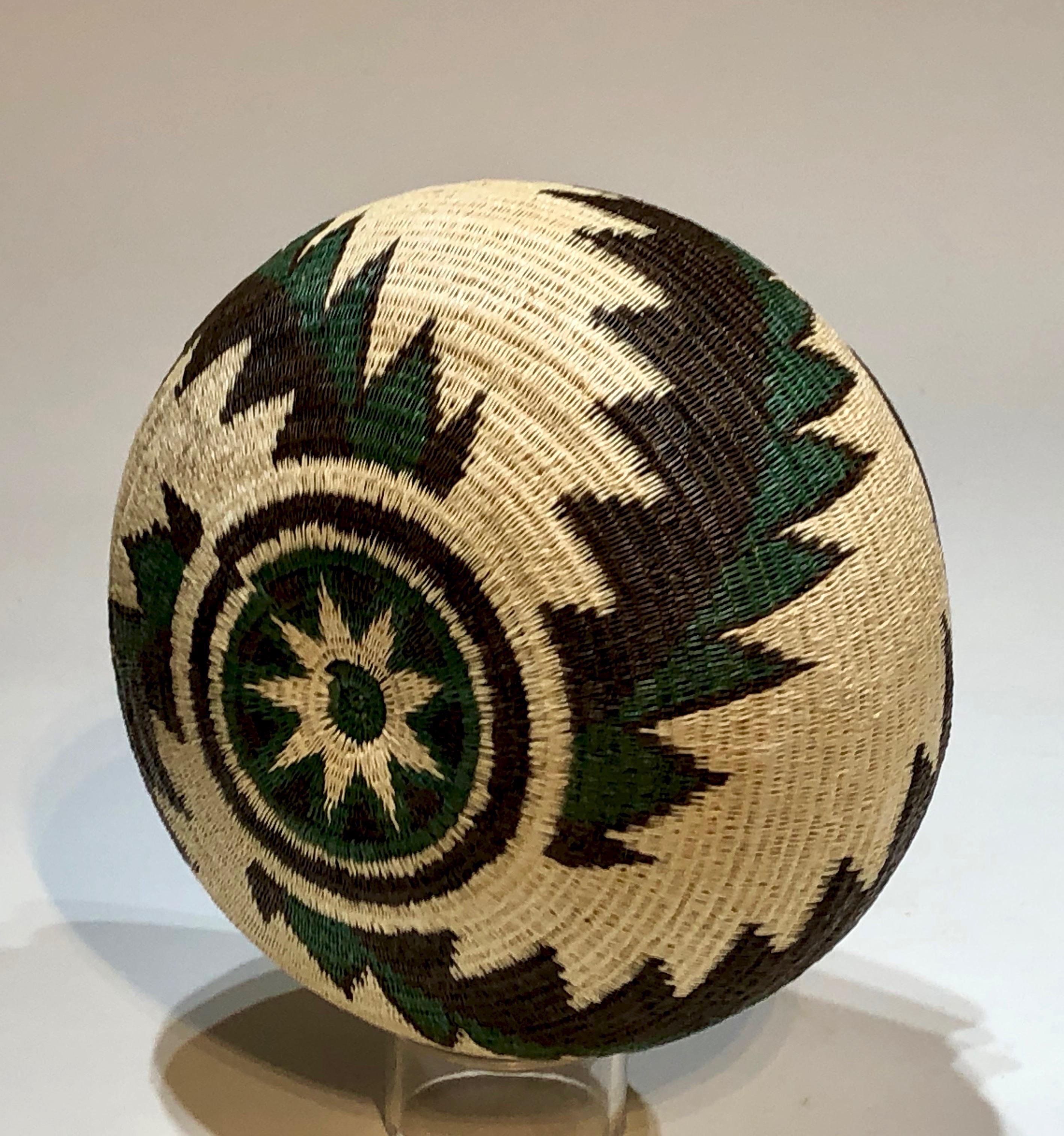 Wounaan Tribe Panama Rainforest Basket, green, white, black, feather design 3