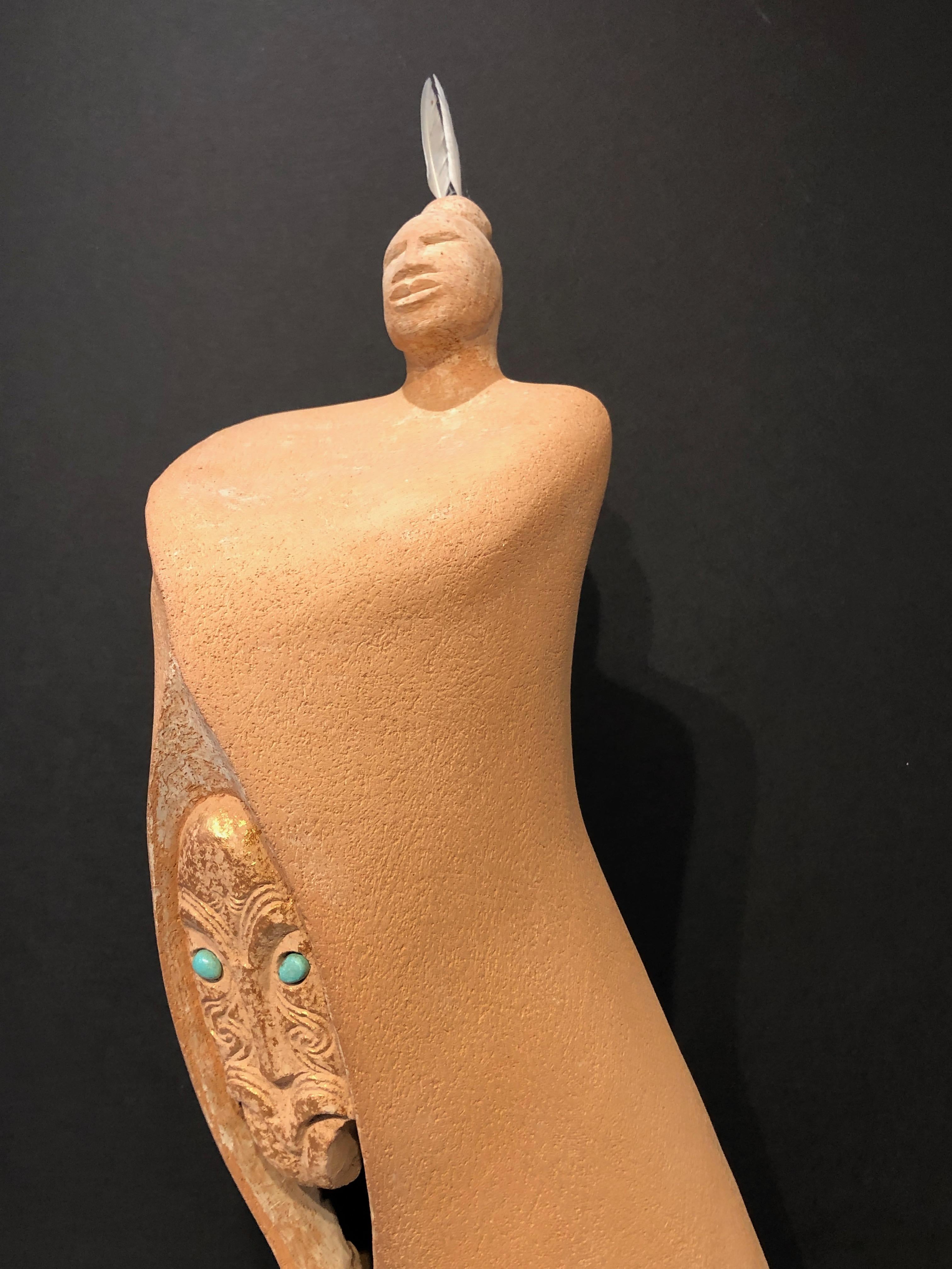 Waiata, Song, ceramic sculpture, Maori art, contemporary cloaked male figure - Sculpture by Noelle Jakeman