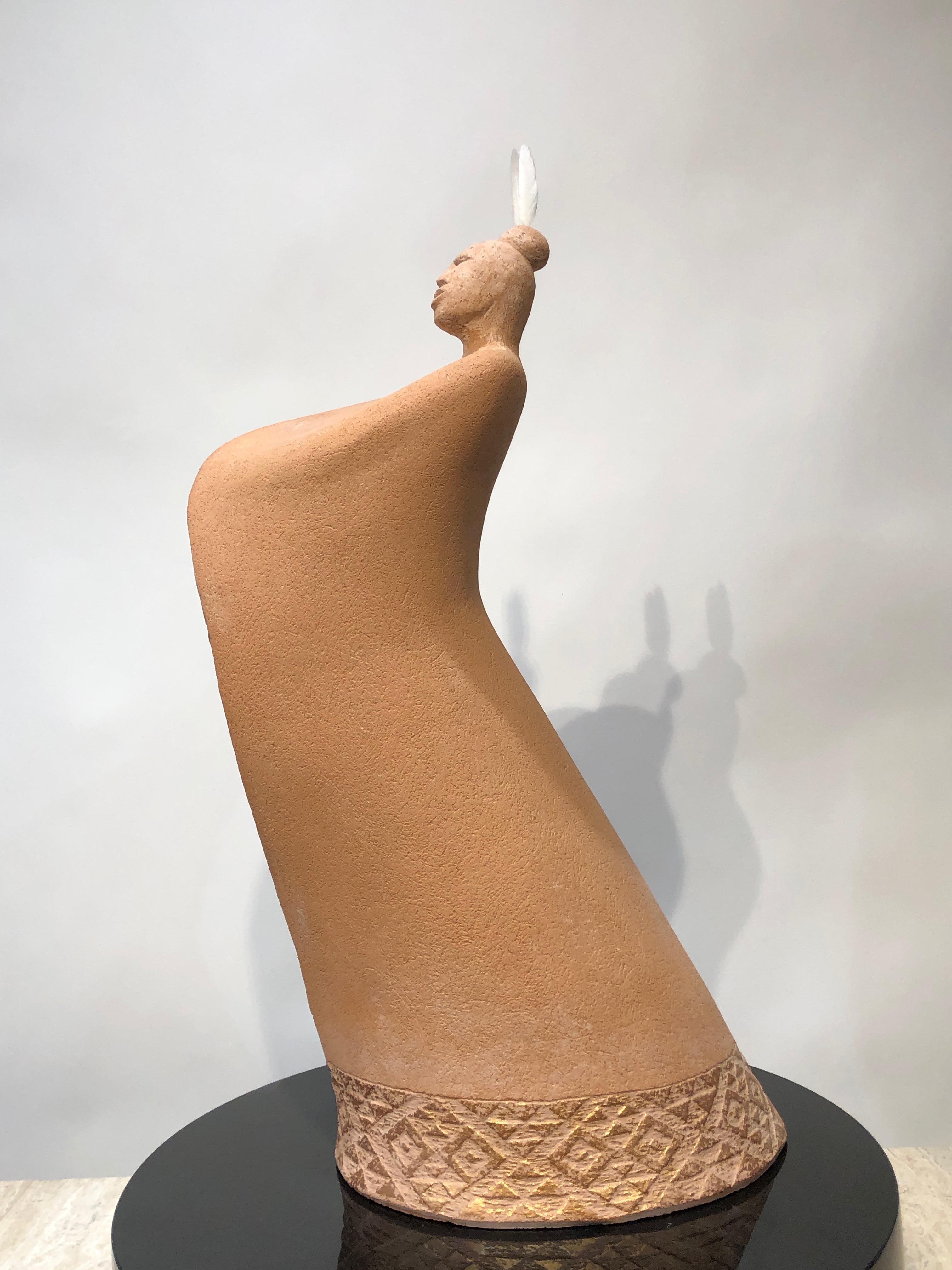 Waiata, Song, ceramic sculpture, Maori art, contemporary cloaked male figure - Black Figurative Sculpture by Noelle Jakeman