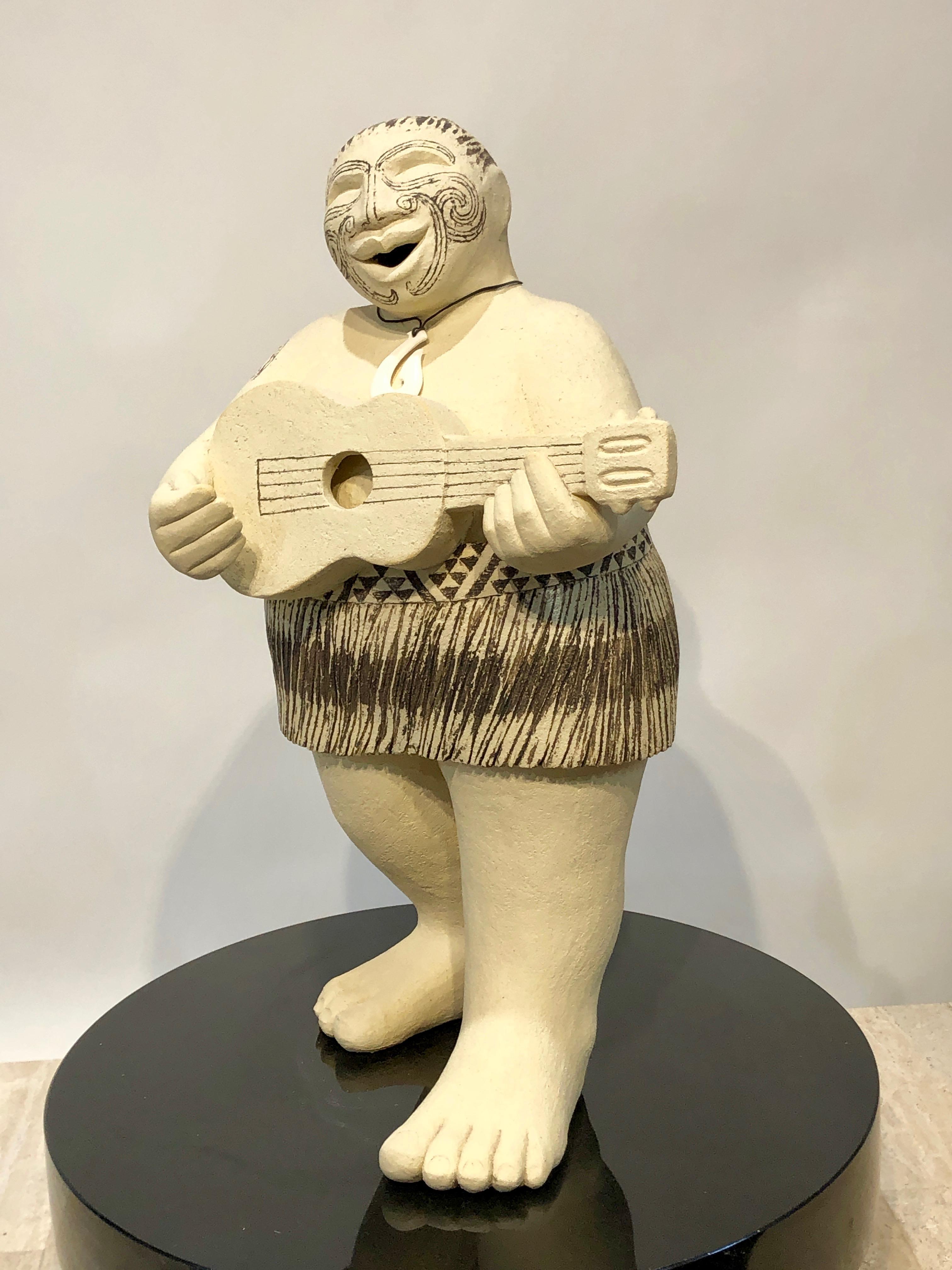 Noelle Jakeman Figurative Sculpture - Waita - Song, Contemporary Maori Sculpture, Aotearoa, facial moko, tatoo, male