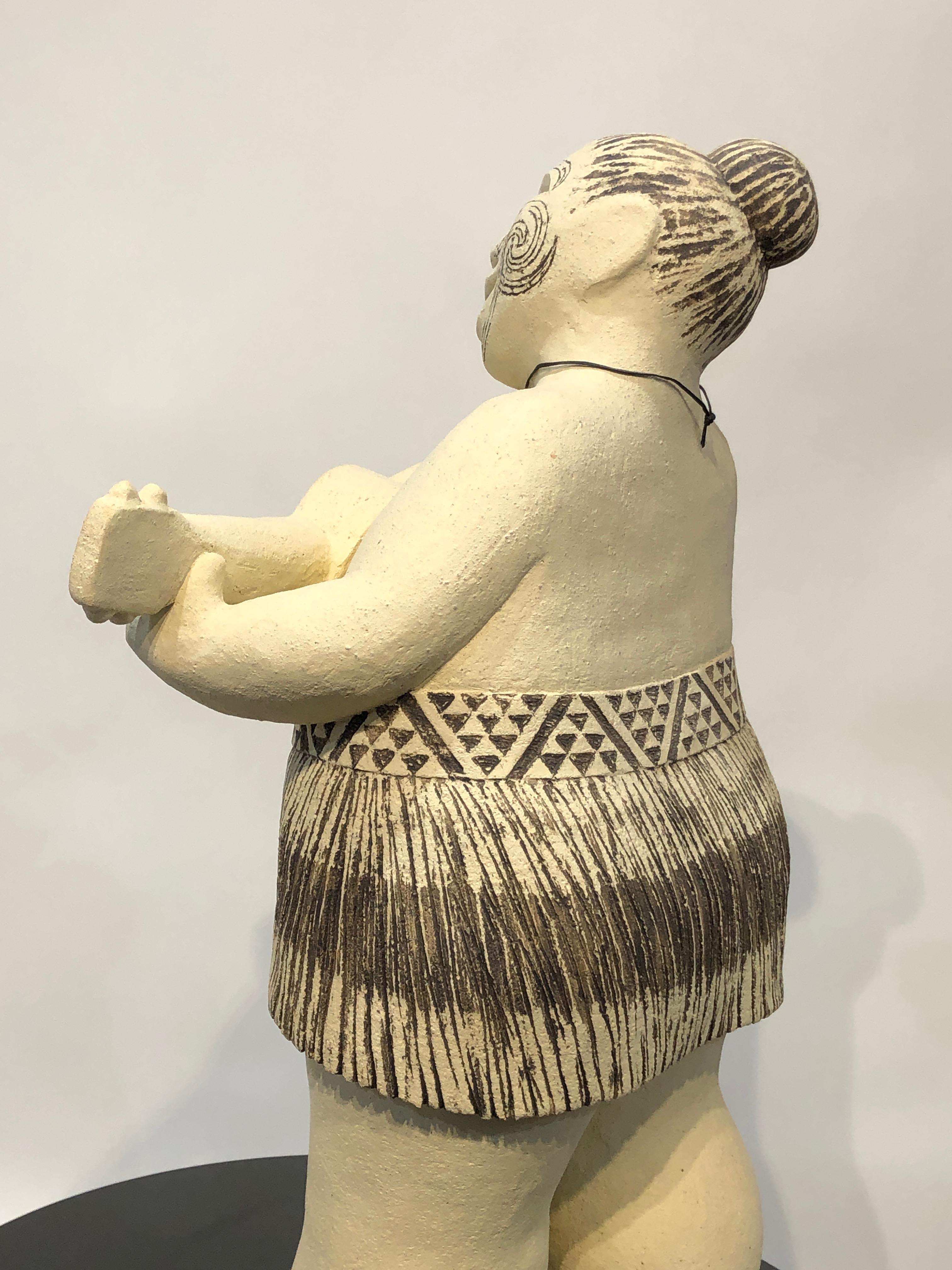 Waita - Song, Contemporary Maori Sculpture, Aotearoa, facial moko, tatoo, male - Beige Figurative Sculpture by Noelle Jakeman