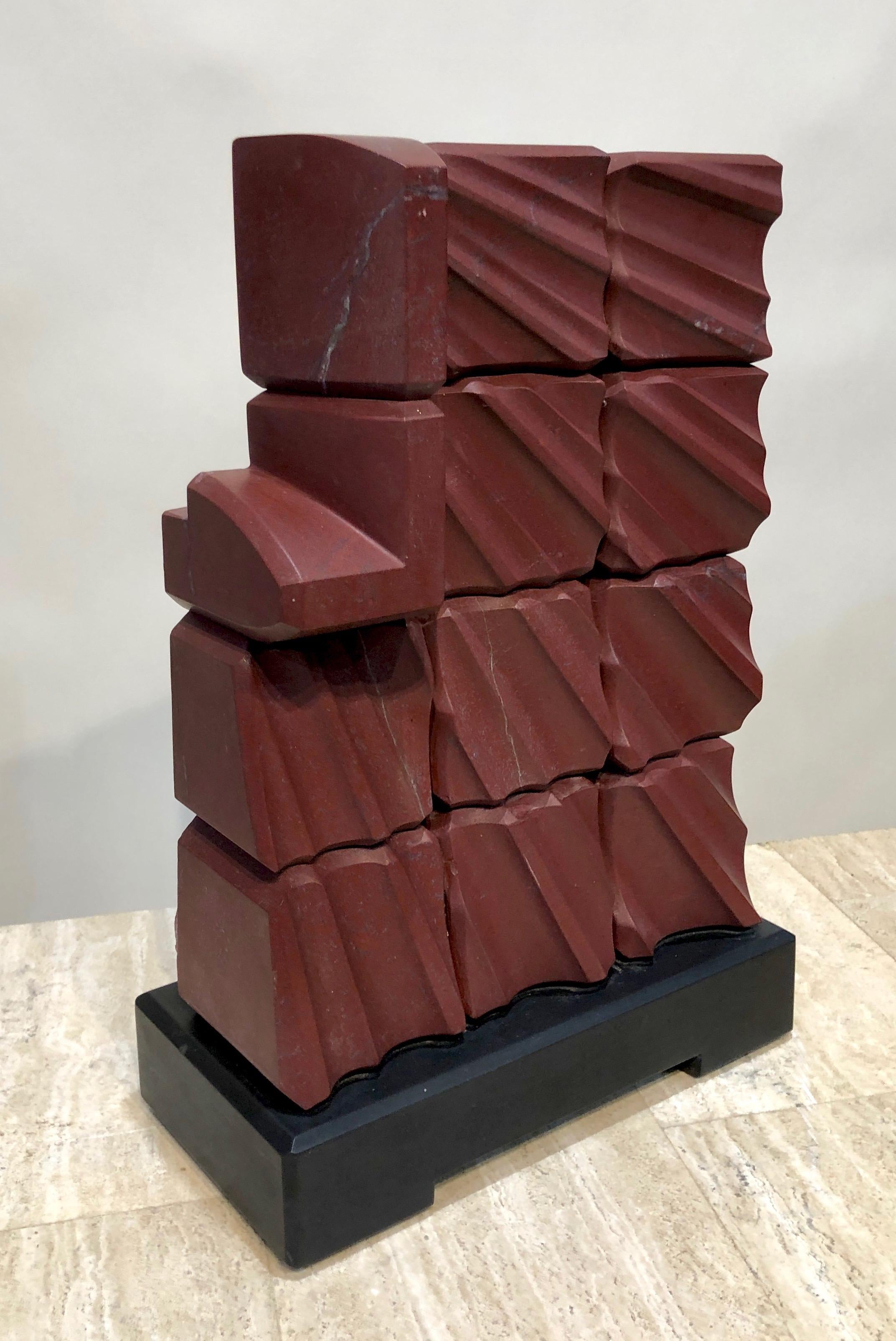 Red Ray, abstract sculpture, red Turkish Marble, black stone, geometric, carving - Sculpture by Donald Davis