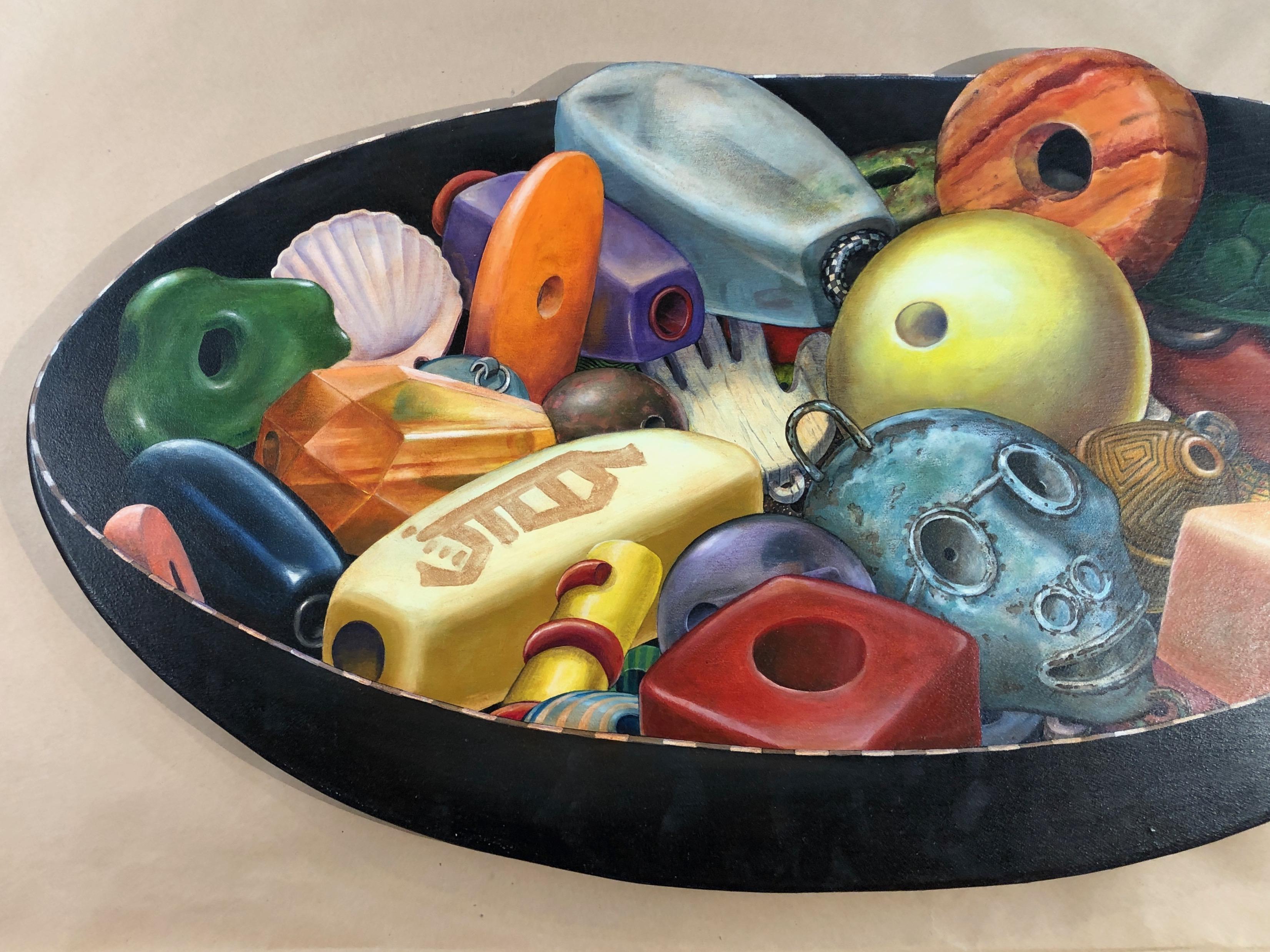 Bowl of Beads, trompe l'oeil painting on birch wood panel, black, green, orange - Painting by Helen Stanley