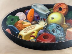 Bowl of Beads, trompe l'oeil painting on birch wood panel, black, green, orange