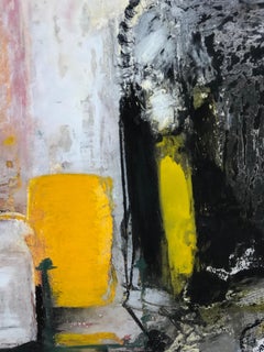 Enclosures, zeitgenössische abstrakte Zeichnung auf Leinwand, rot, gelb, weiß, grün