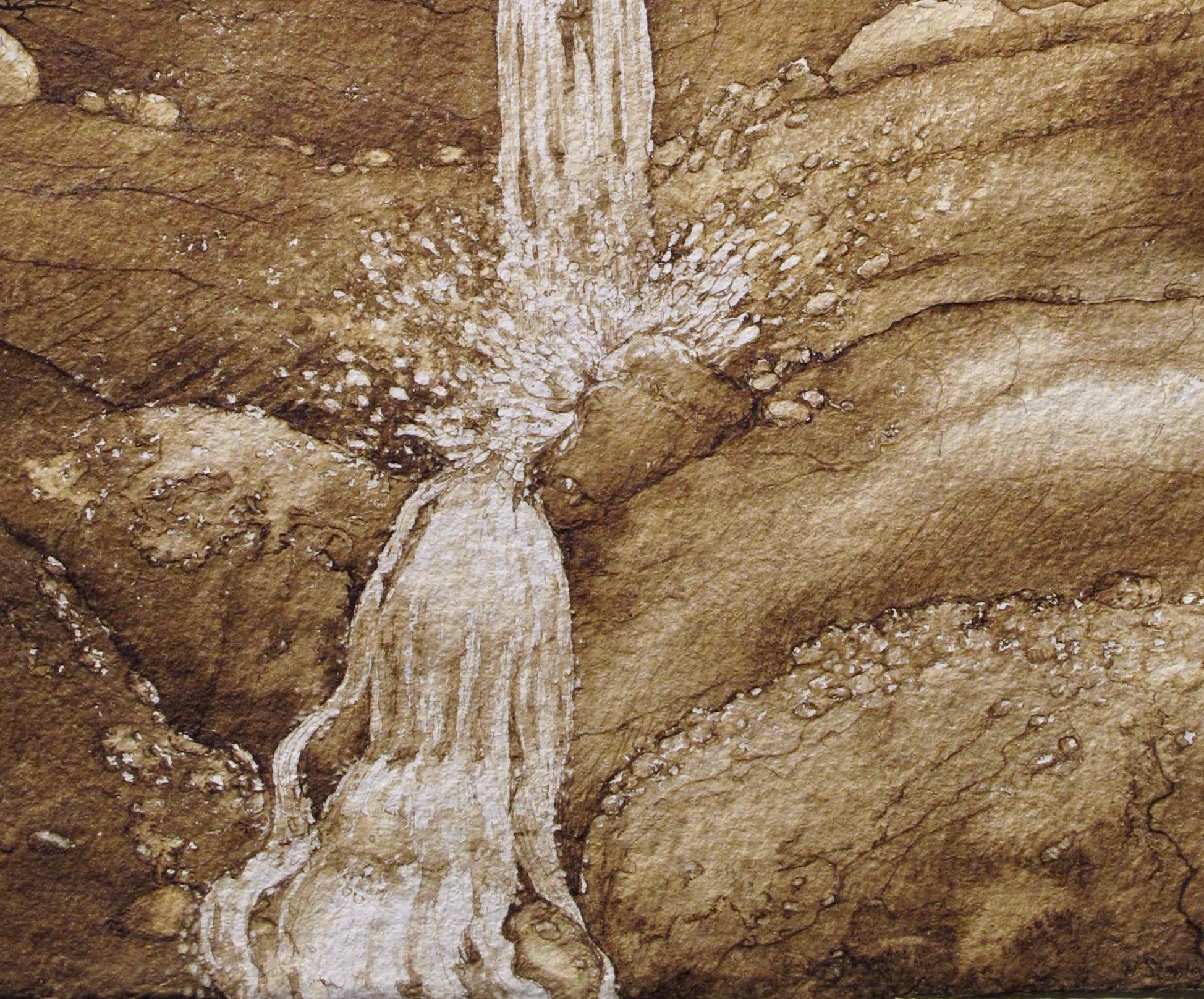 Instant Stream, walnut ink painting on handmade paper, desert landscape, brown - Painting by Helen Stanley
