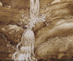 Instant Stream, walnut ink painting on handmade paper, desert landscape, brown