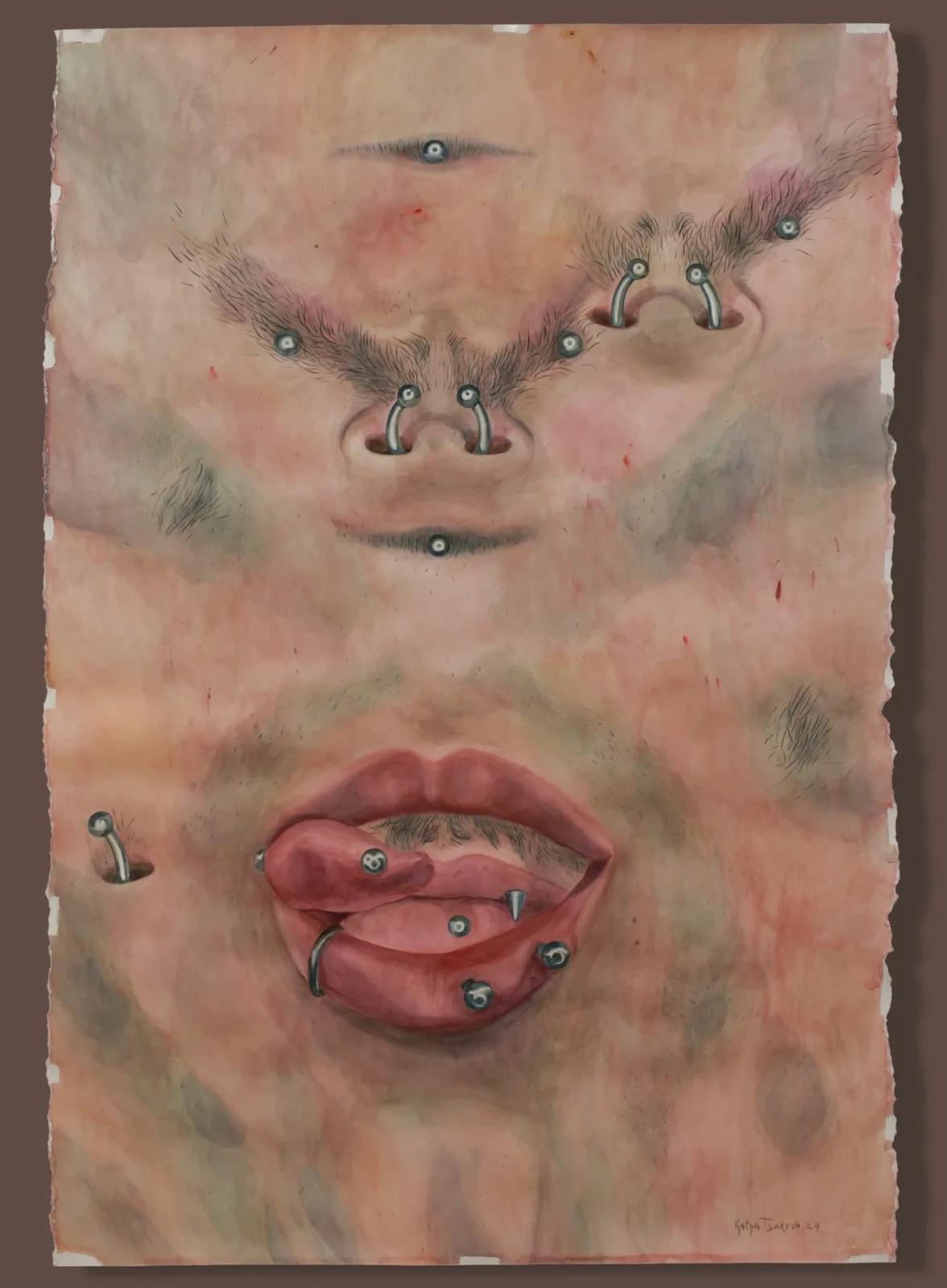 Cinco agujeros y labios sensuales, 2024 - Abstract Drawing Marrón de Katya Tsareva