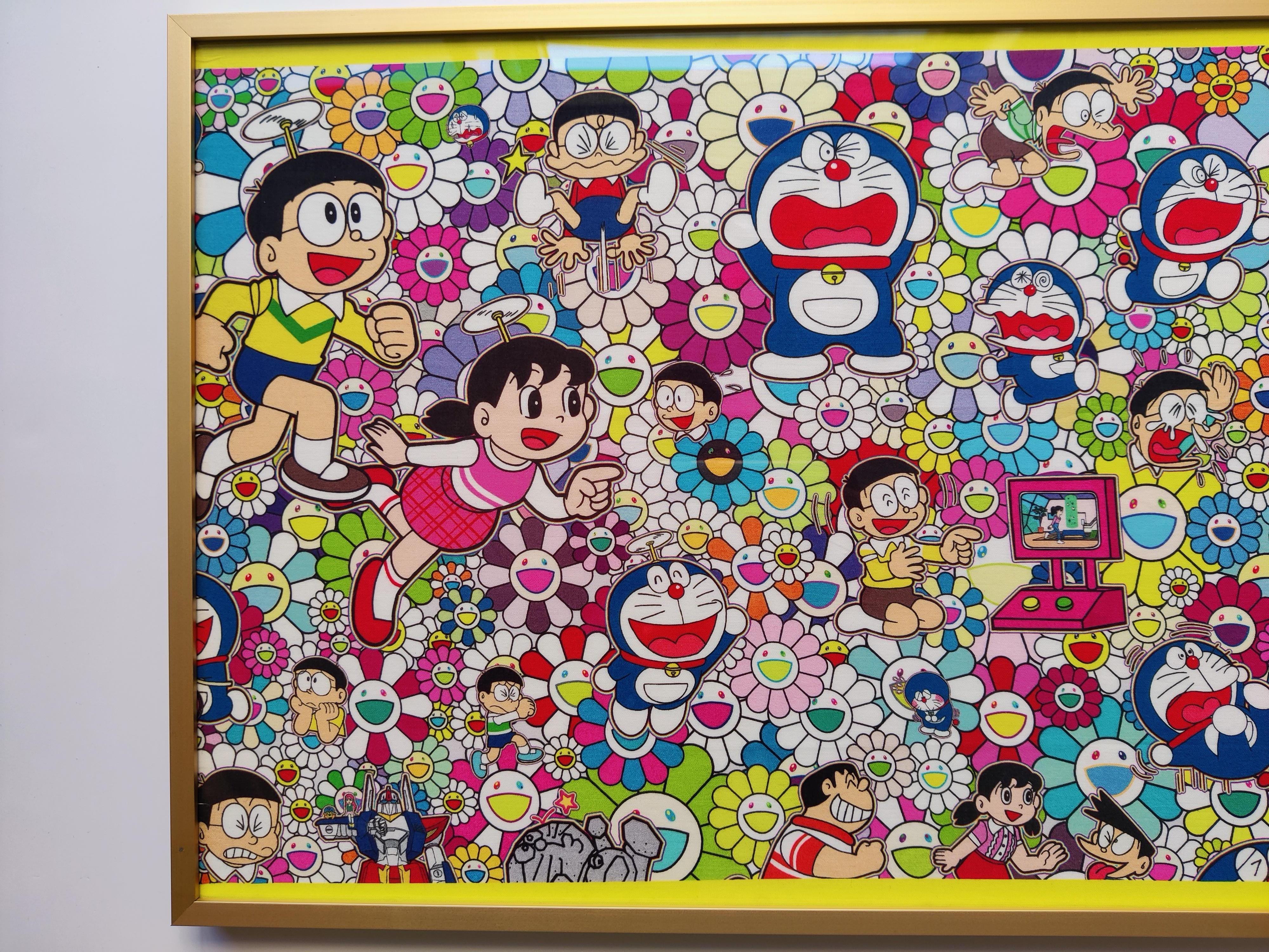 Takashi Murakami  x Doraemon 

Limited Edition for Exhibition Tokyo 2017

Material: 100% Cotton

Dimension: 89.5 x 32.5cm

Frame Dimension:  91.6 x 36.5 x 2.5 cm

Framed with the golden aluminium frame and UV-protected acrylic glass.