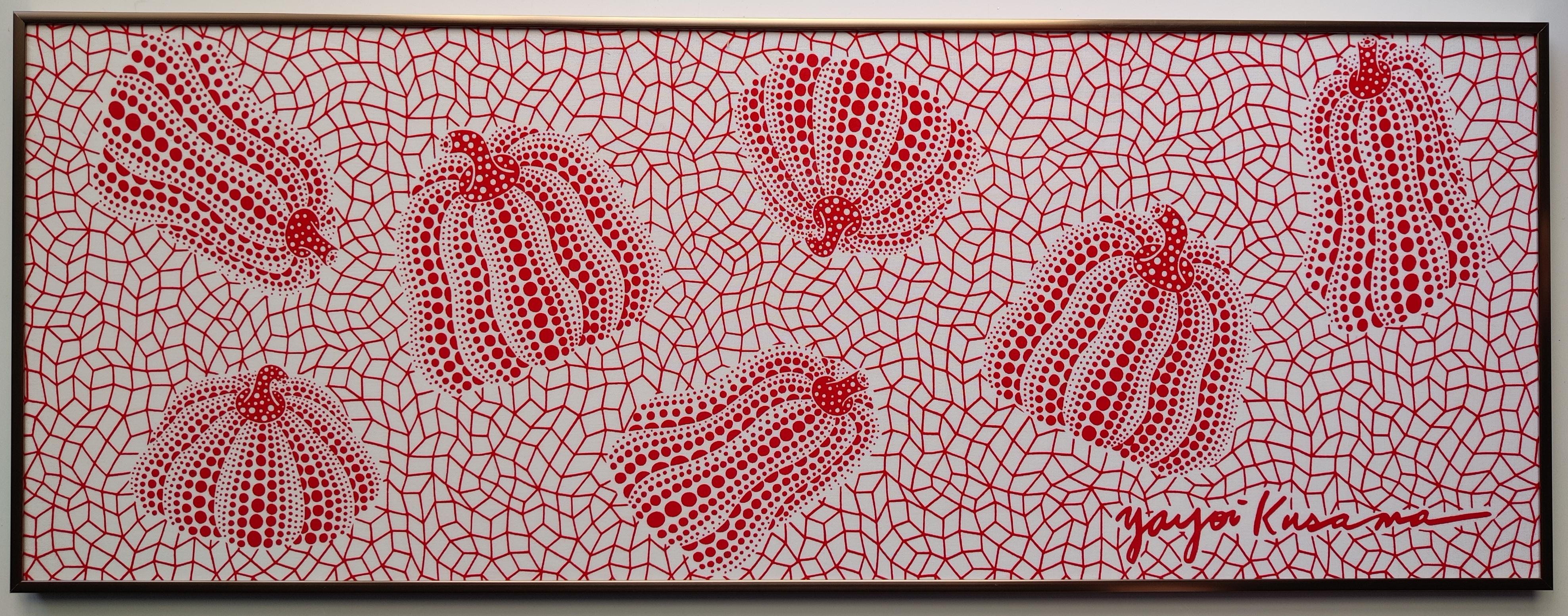 Yayoi Kusama 
Calabaza ( roja )
Impresión en la toalla de algodón
Tamaño 34,2 x 91,2 x 2,5 cm
Enmarcado con el marco de aluminio dorado púrpura y el cristal acrílico con protección UV  
publicado por シンワ繊維株式会社