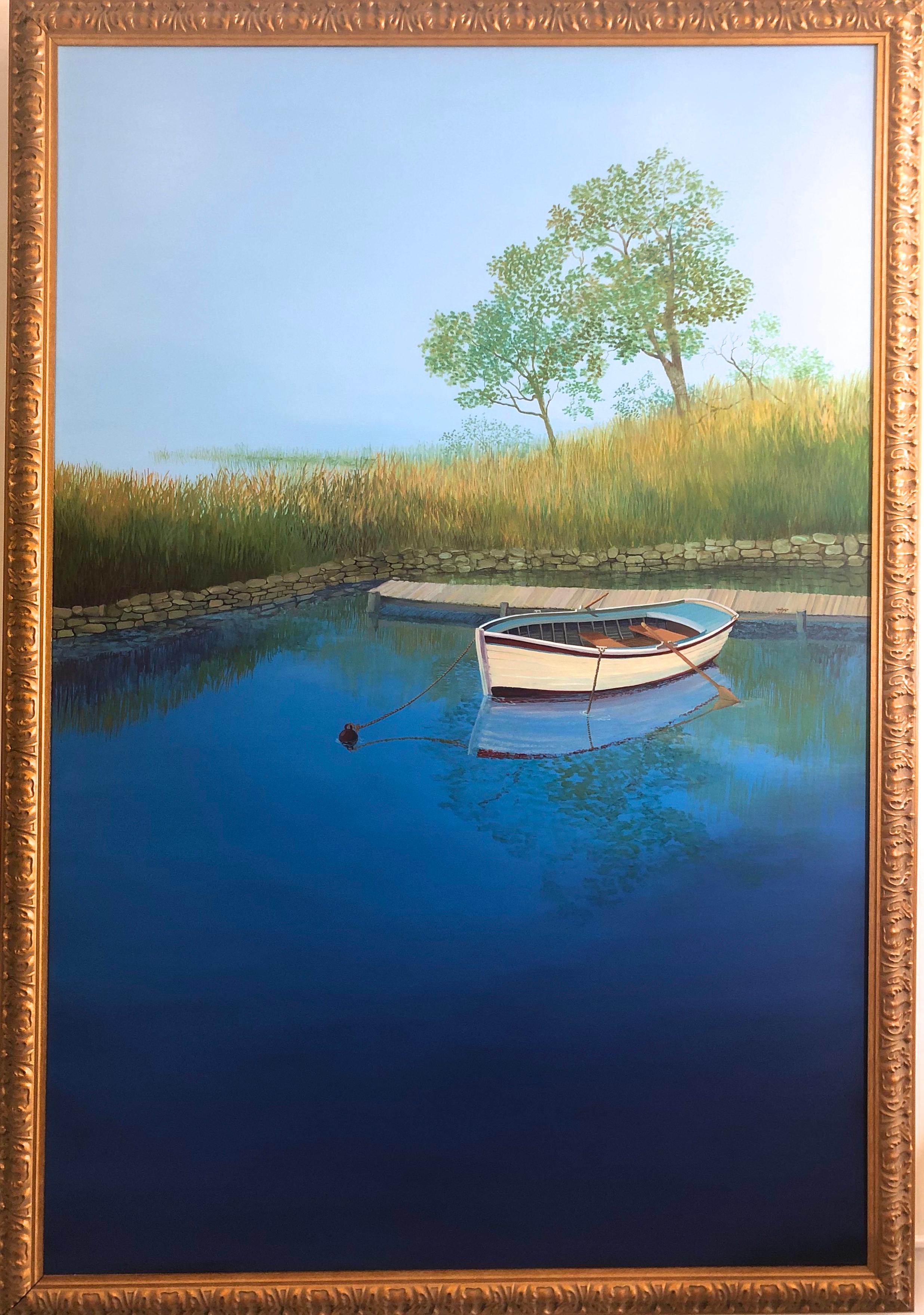 Unknown Landscape Painting - Blue Landscape With Boat On The Lake Large