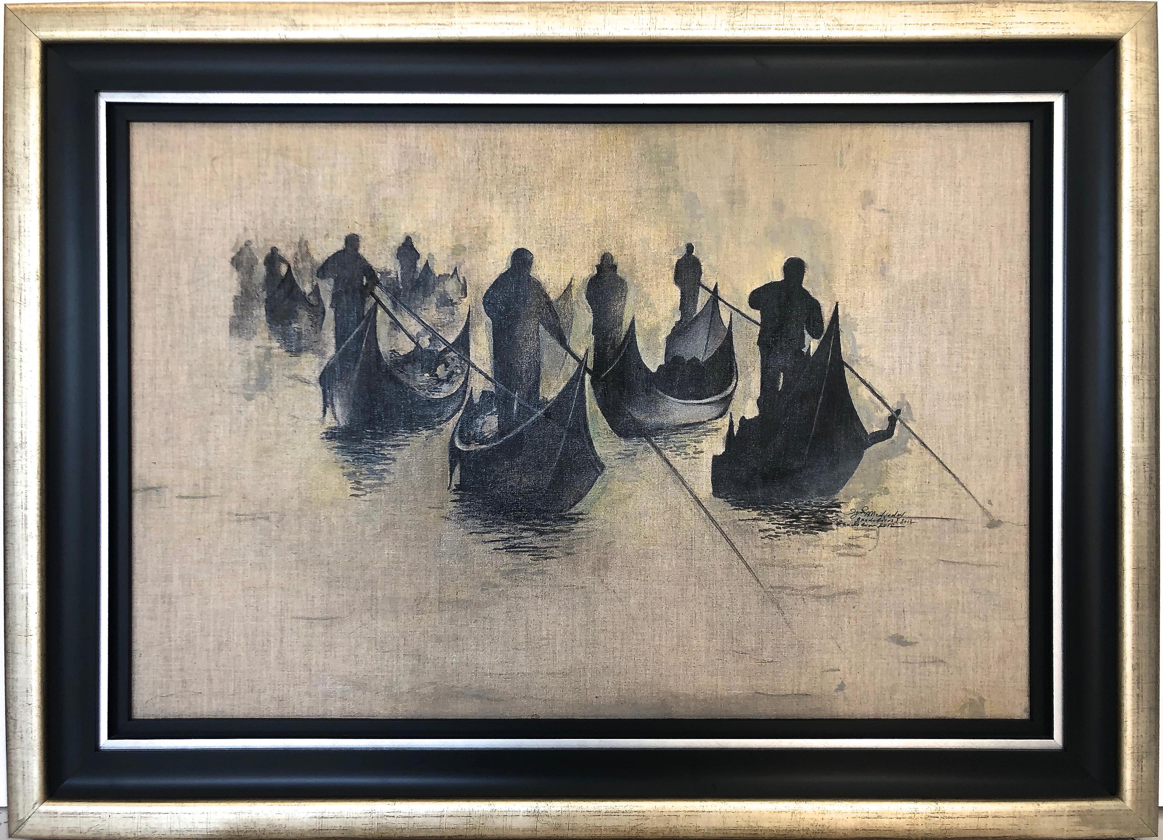 Igor Medvedev Figurative Painting -  Gondoliers Group Gray and Black Oil Painting