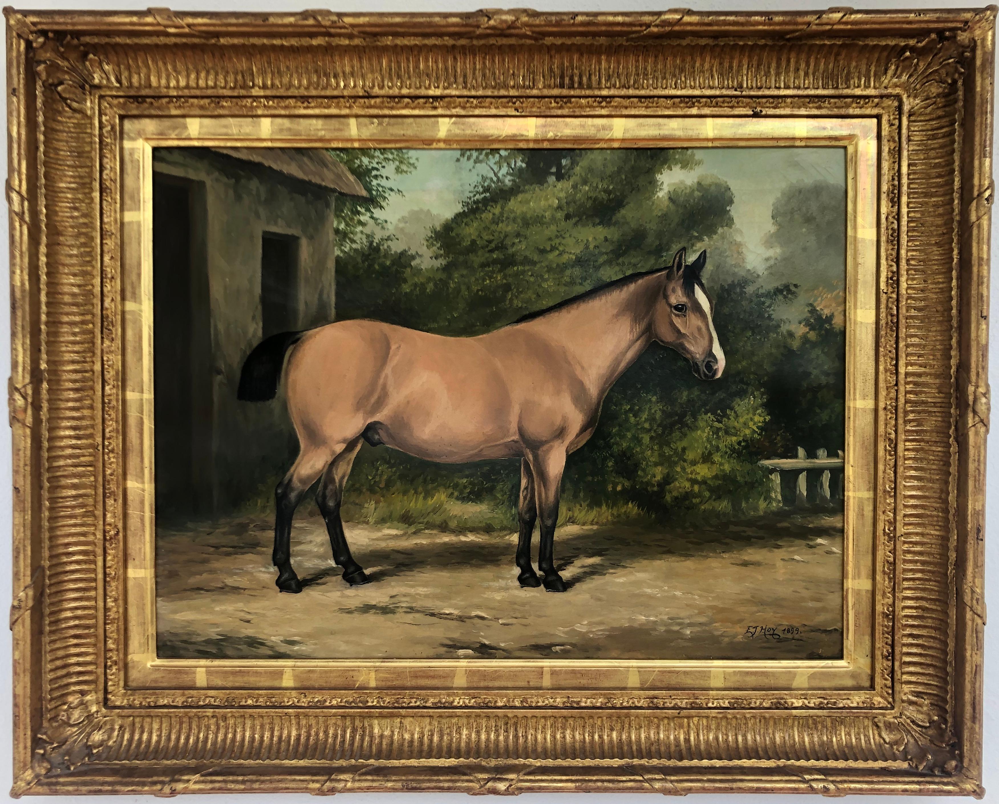 Animal Painting Edward John Hoy -  Cheval devant la grange Peinture à l'huile du 19e siècle
