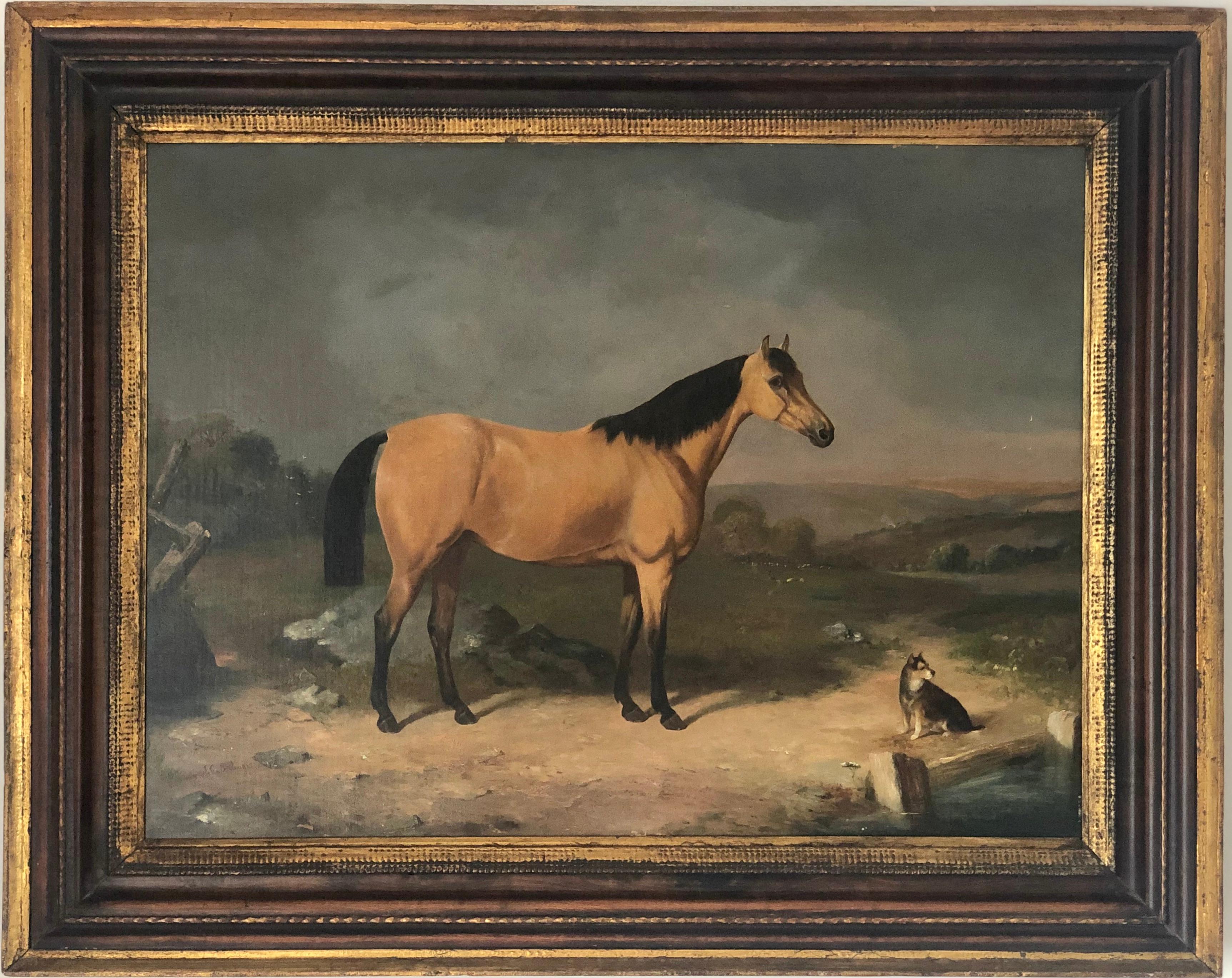 John Christopher Bell Animal Painting -  Horse Portrait With A Dog In The Landscape