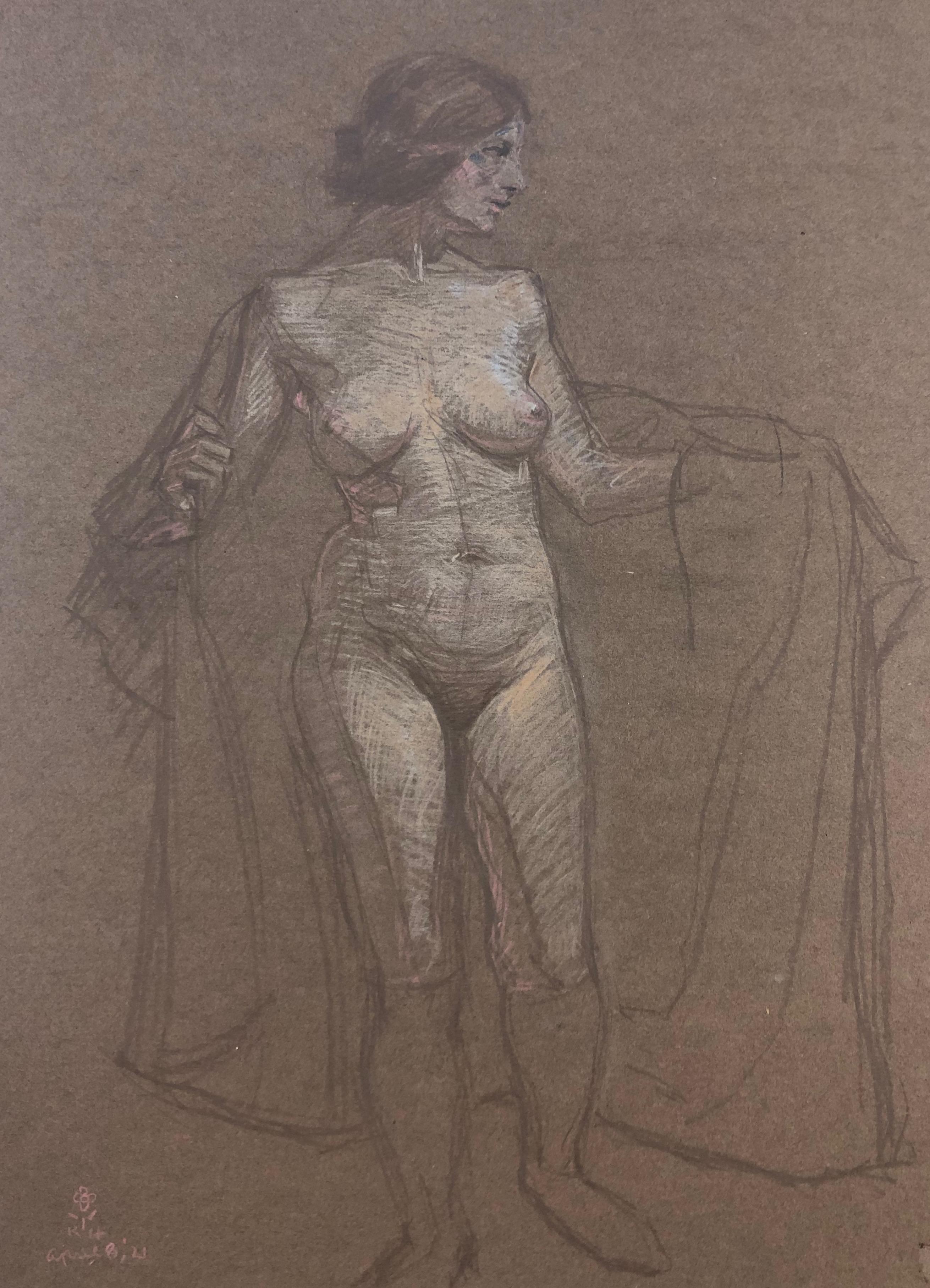 Nude Drawing on Gray Paper - American Modern Art by George Kenneth Hartwell 