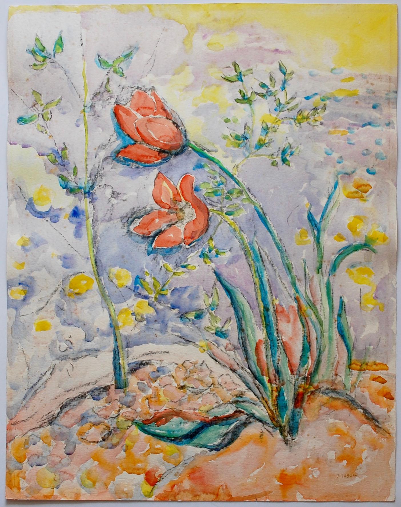 Red Tulips Watercolor  - Art by Jehudith Sobel