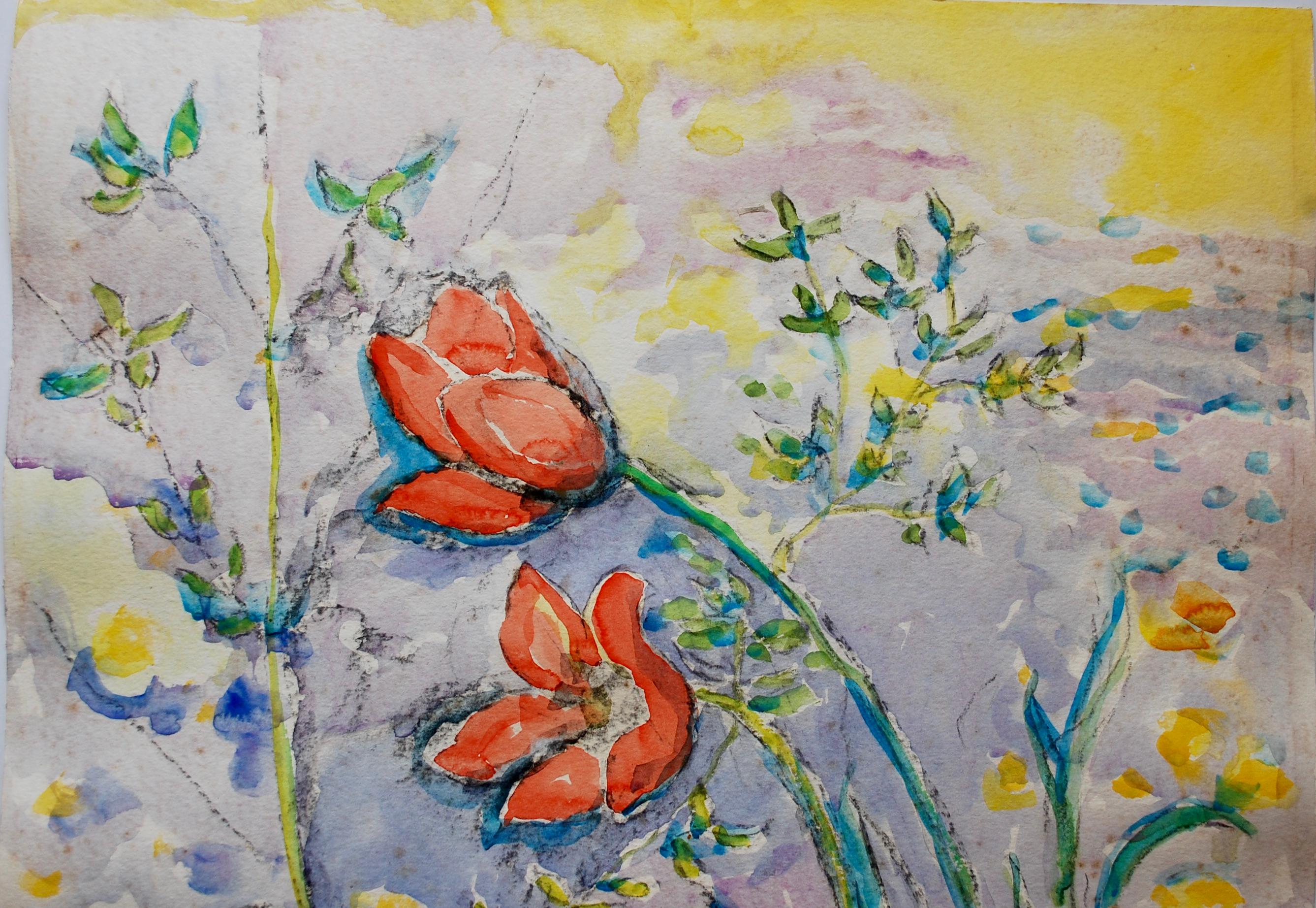 Red Tulips Watercolor  - Impressionist Art by Jehudith Sobel