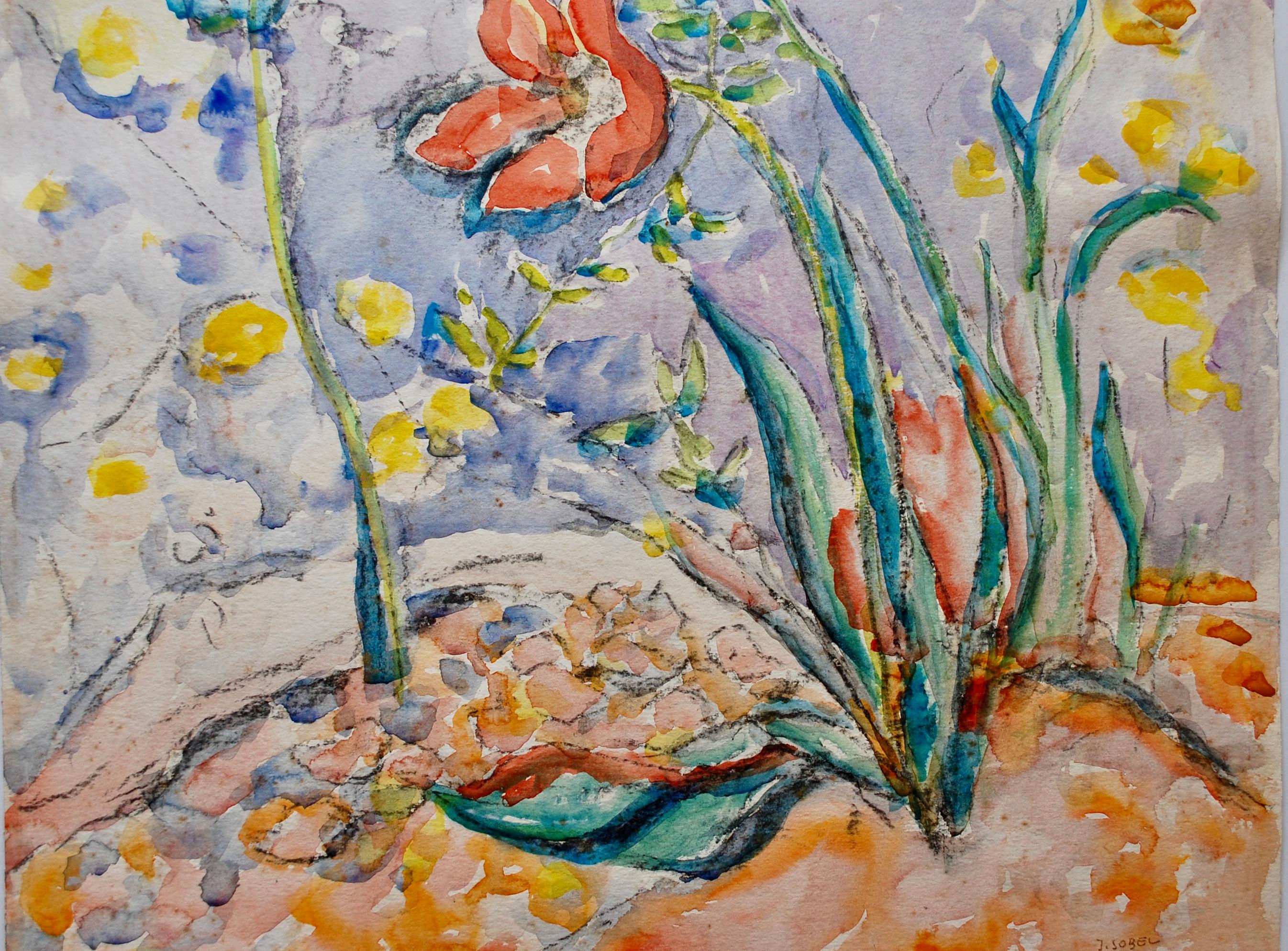 Red Tulips 
Artist signed, watercolor on paper 24x19, framed. 
Judith Sobel was born in Lwow Poland in 1924. After World War II, she attended the Academy of Fine Arts in Lodz, Poland. There she studied with the famous abstract constructionists,