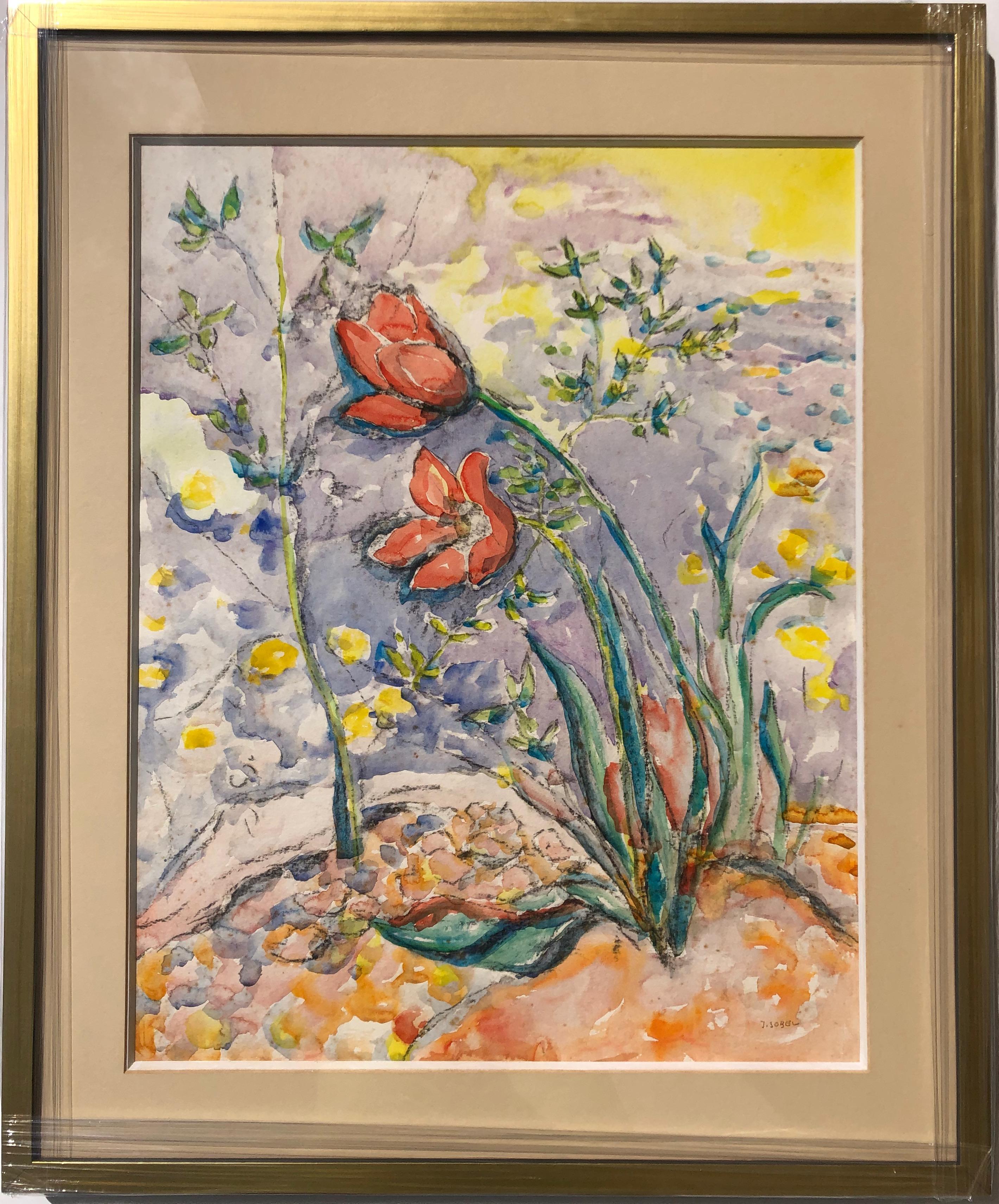 Jehudith Sobel Landscape Art - Red Tulips Watercolor 