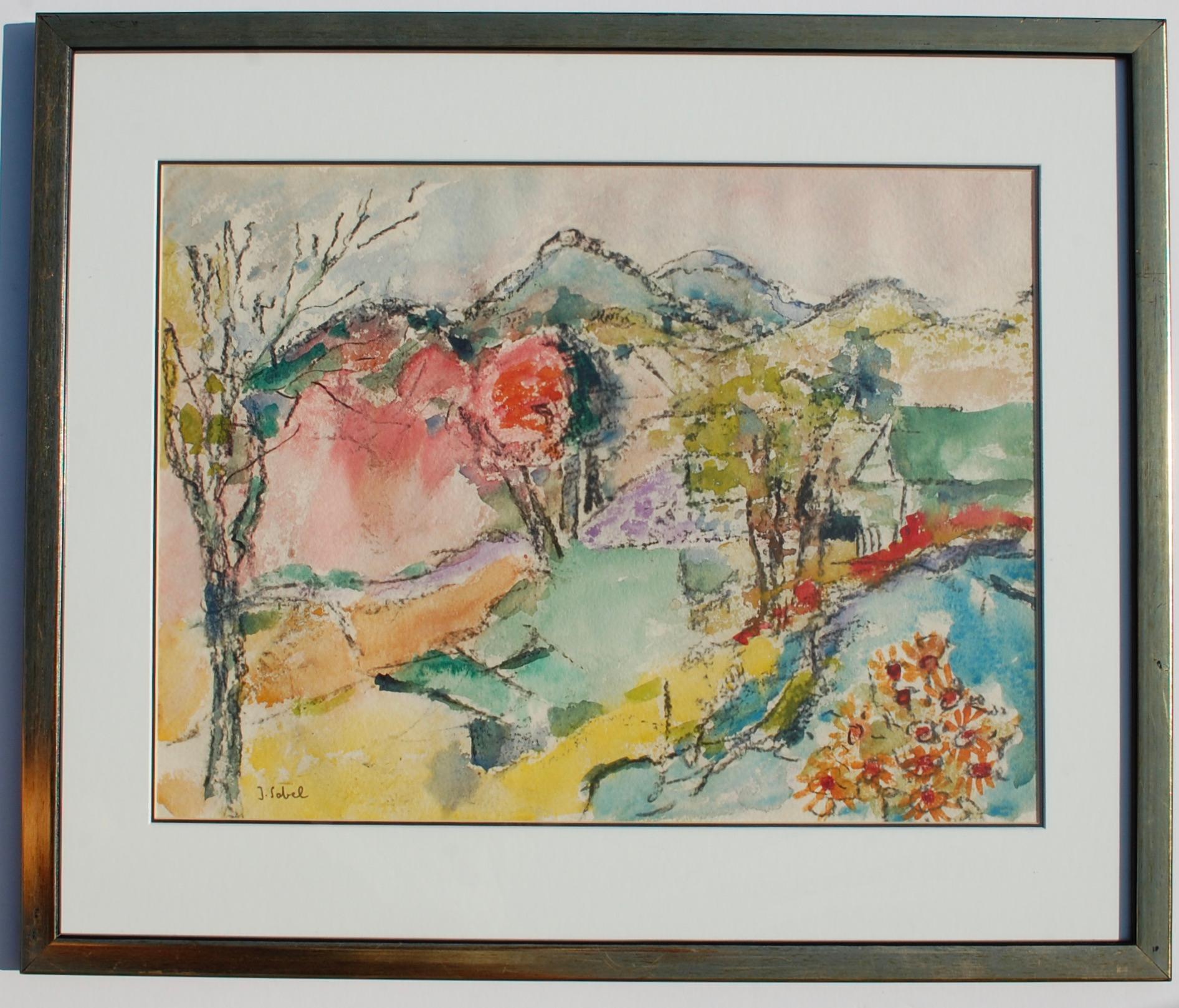 Jehudith Sobel Landscape Art - Mountain View Landscape Watercolor 1960
