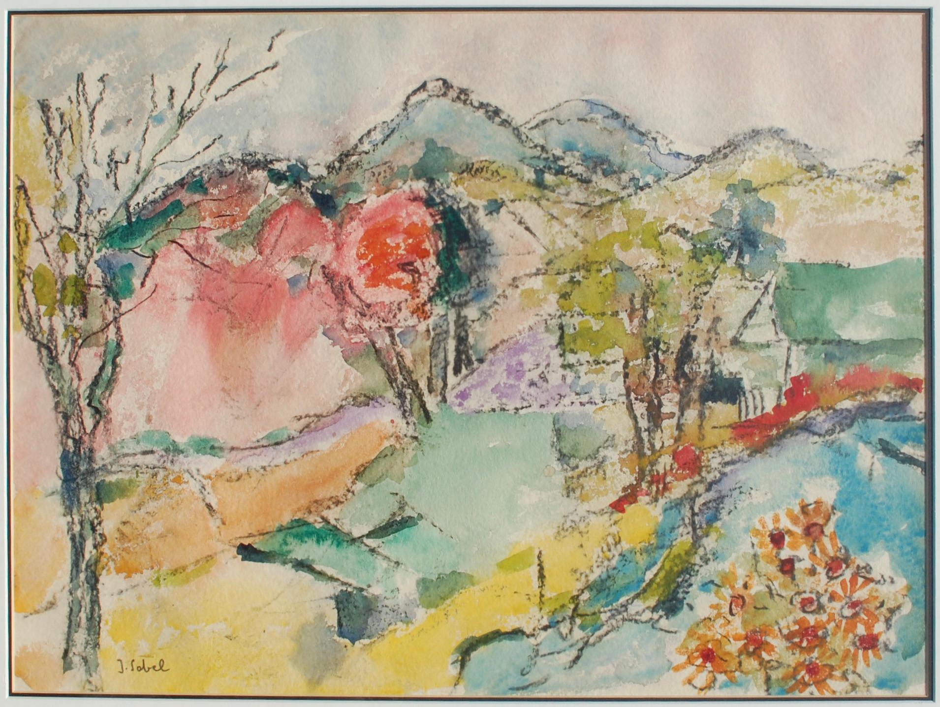 Mountain View Landscape Watercolor 1960 - Art by Jehudith Sobel