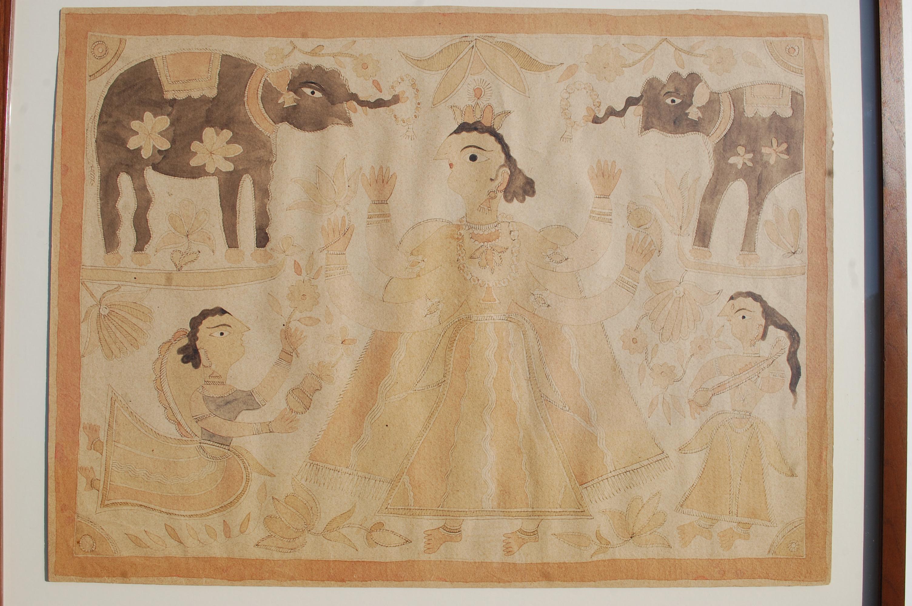 Frühe indische Mithila-Volkskunstmalerei (Beige), Figurative Art, von Sita Devi