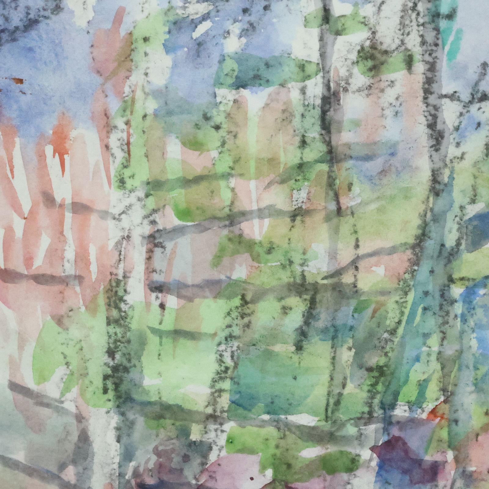 Vista sulle montagne  
acquerello 1975  dimensioni: 23,25 x 18,5 opaco, 29,75 x 23,75 fuori dalla cornice, artista firmato in basso a destra. 
Judith Sobel è nata a Lwow in Polonia nel 1924. Dopo la Seconda Guerra Mondiale, frequentò l'Academy Arts